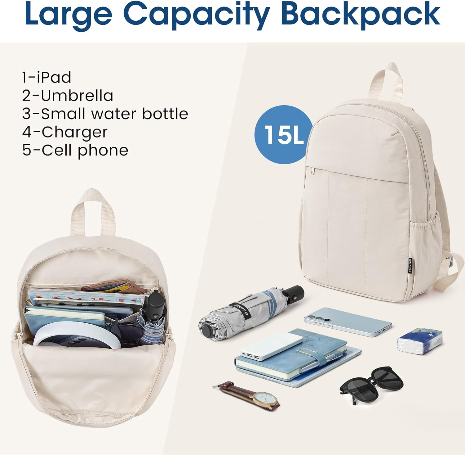 G4Free Mini Backpack for Women Water-resistant Hiking Backpack with Adjustable Shoulder Straps for School Travel Shop Work Casual(BEIGE) - Image 4