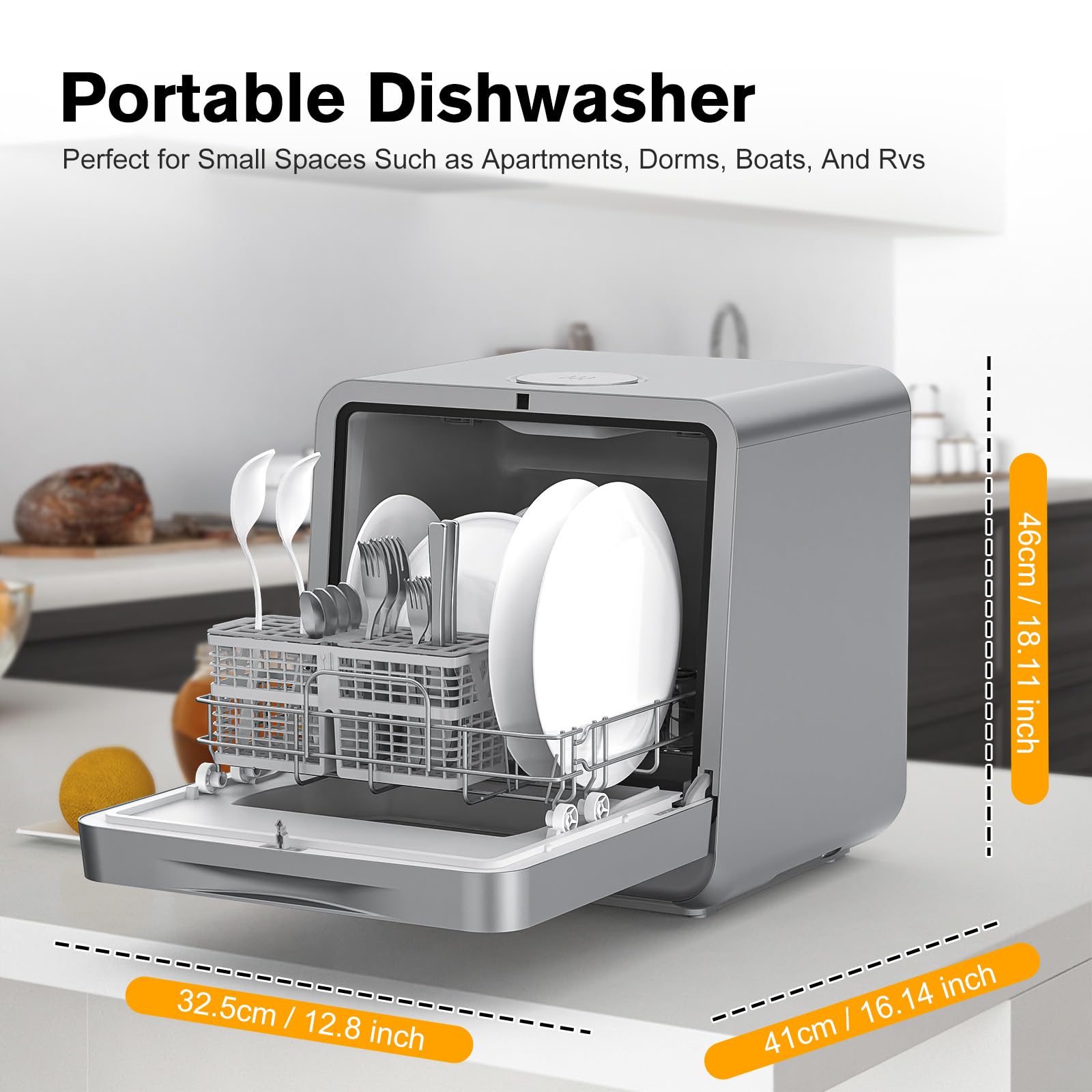 MoraRise Table Top Dishwasher, Mini Countertop Dishwasher with 7 Programs, Built-in 5L Water Tank, Dual Water Supply, 24H Delay, No Plumbing, Baby Care, Drying Cycle, Fruit Wash (Grey) — view 7