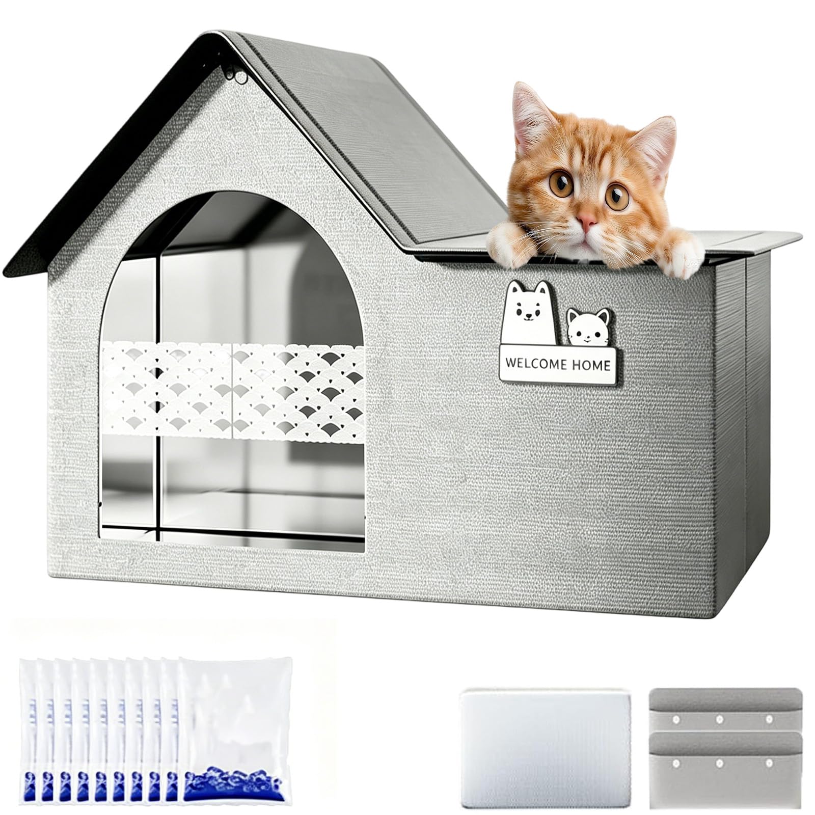 Pet Cooling House, Foldable Cooling Cat House, Double Air Conditioned Pet House, Insulated Portable Pets Cooling Tent with 10 Ice Packs for Cats Dogs, Indoor Outdoor & Easy Clean (Gray M)