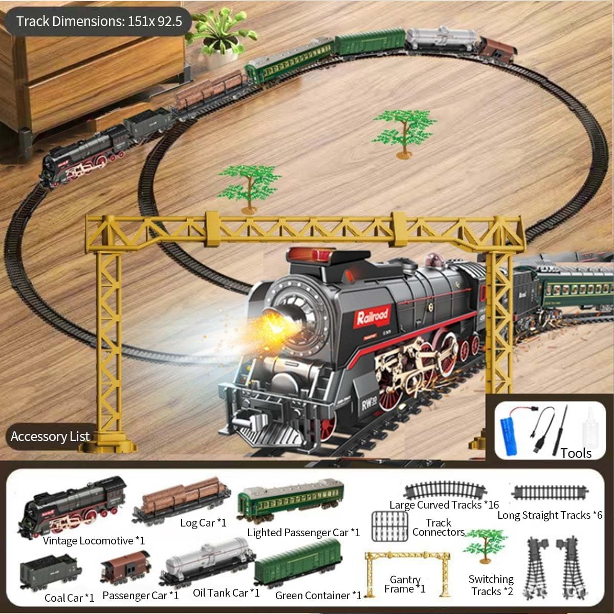 RC Train Set, Electric Train Track Model with Carriage and Long Track, Alloy Steam Locomotive Engine Train Gift for Teens (Model 623B)
