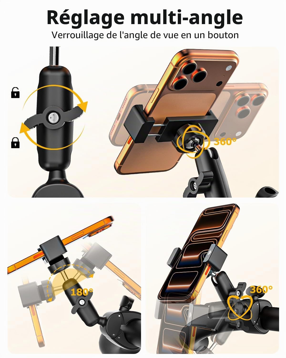 Support Téléphone Poussette - Bras Métallique à 360° & Super Stable | Velo Appartement Home Trainer Tapis de Course Support Guidon pour iPhone 17 Pro Max, 16, 15, Galaxy S26, S25, Pixel, 4-7"