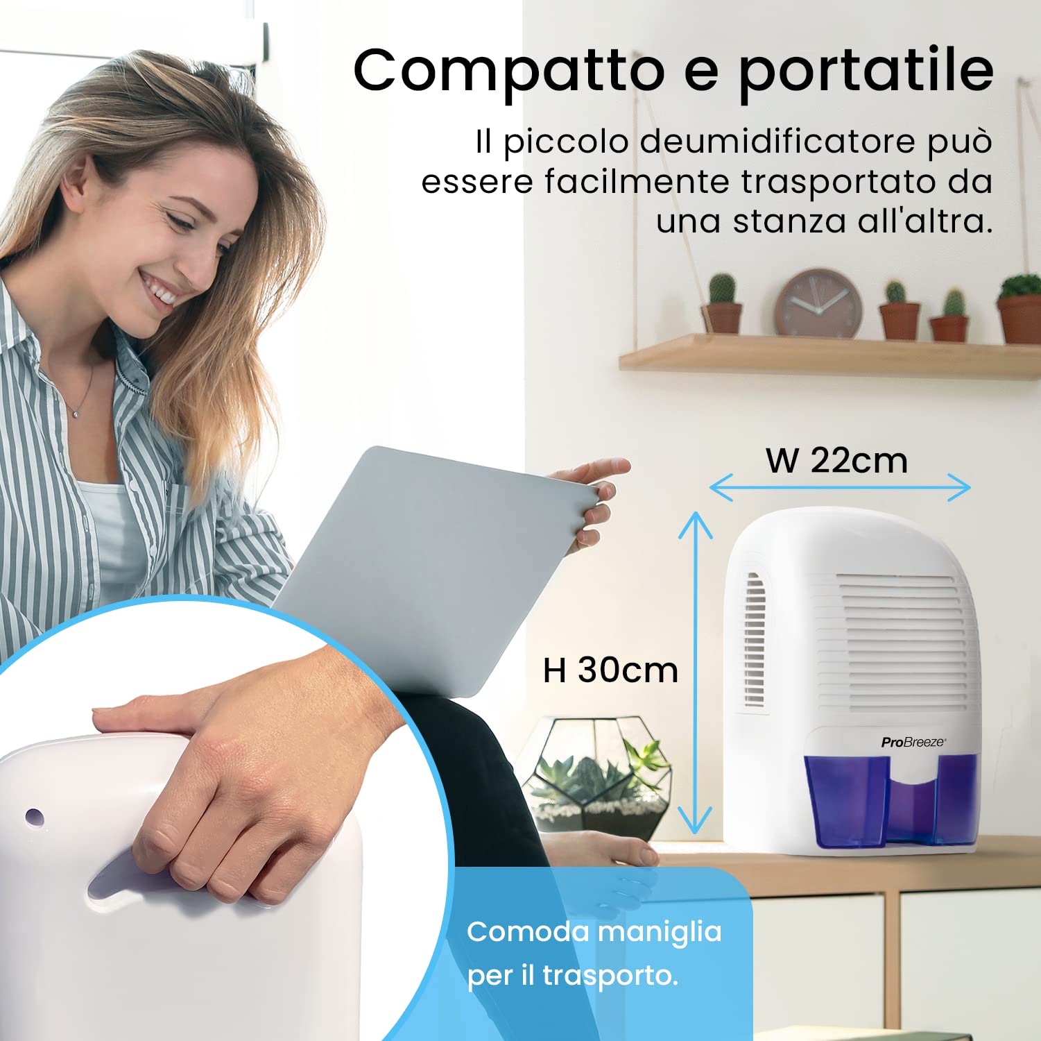 Pro Breeze Mini Deumidificatore Portatile da 1500ml per Umidità e Muffa in Casa, Cucina, Camera da Letto, Roulotte, Ufficio e Garage