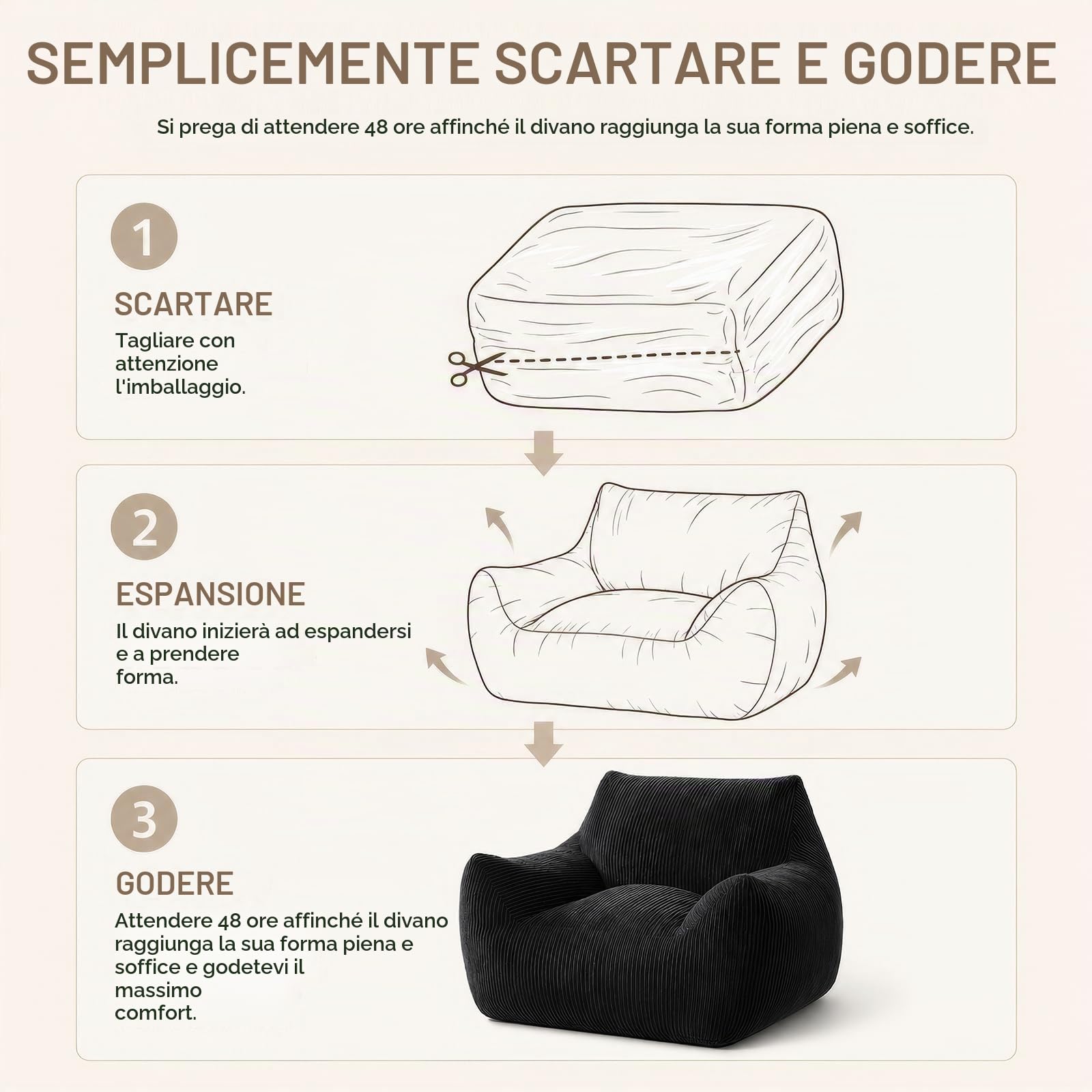 Pouf per adulti con imbottitura, poltrona in velluto con schienale, grande poltrona per videogiochi e sedia da terra per soggiorno, camera da letto e camera per ragazzi, 80 x 73 x 80 cm, colore nero