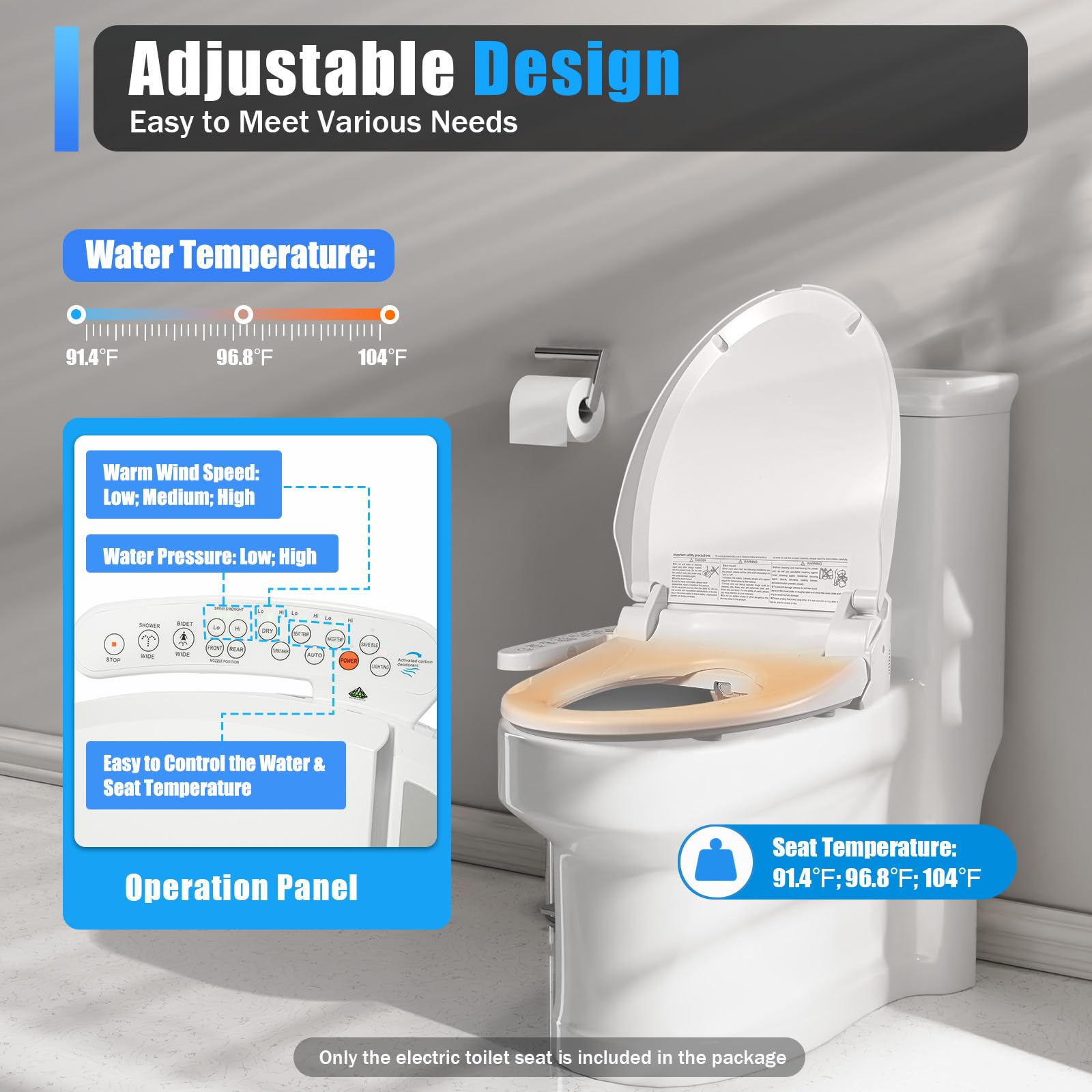 WC intelligente elettrico, toilette con dispositivo di pulizia deodorizzazione automatica temperatura regolabile massaggio intelligente per casa di cura hotel, bianco