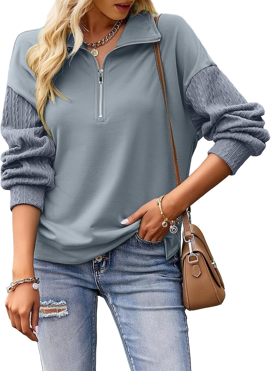 SHEWIN Womens Half Zip Sweatshirt Fall Loose High Neck Pullover Tops