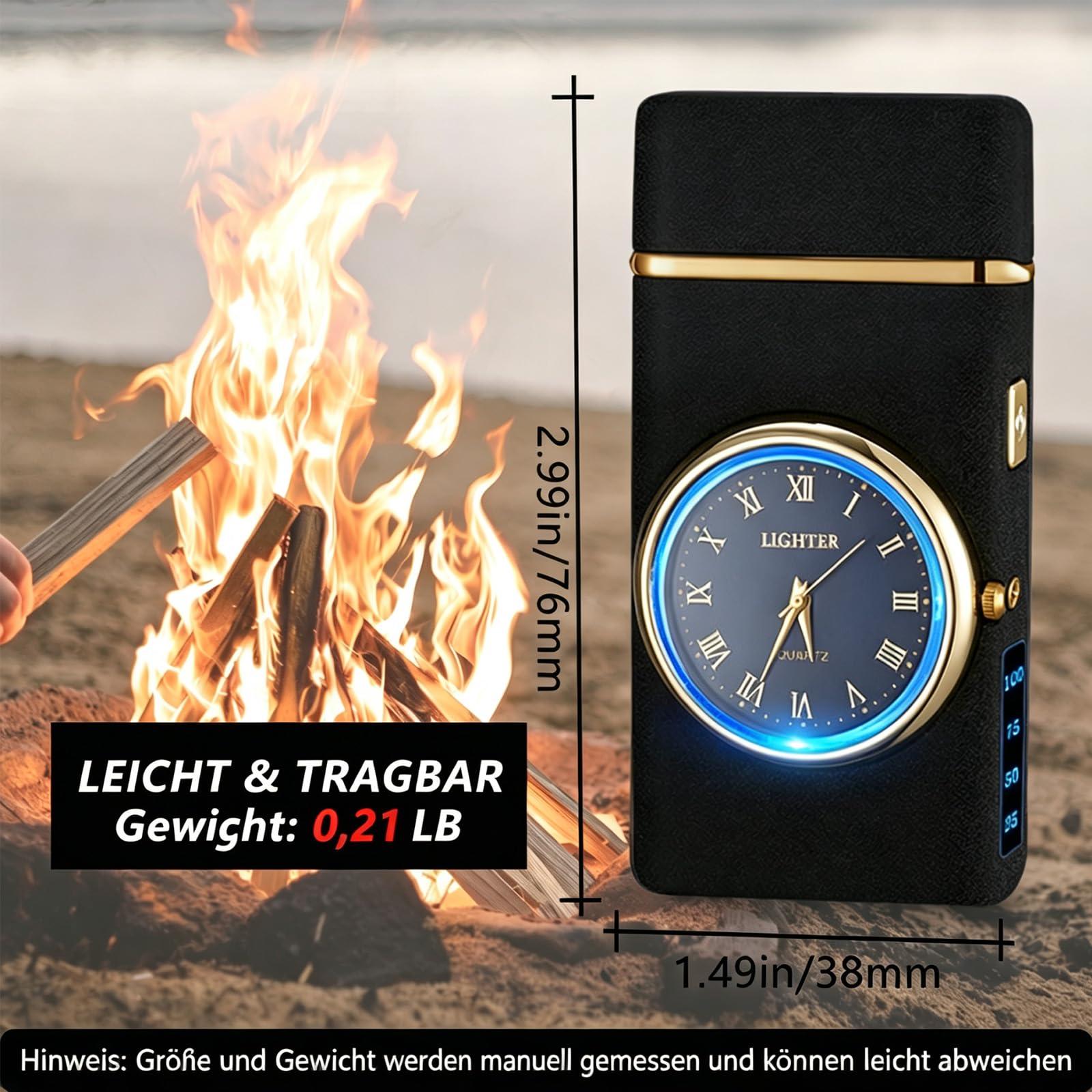 Mechero eléctrico USB C recargable, con indicador de potencia LED y linterna, para camping, barbacoa y pesca (espejo, negro mate)