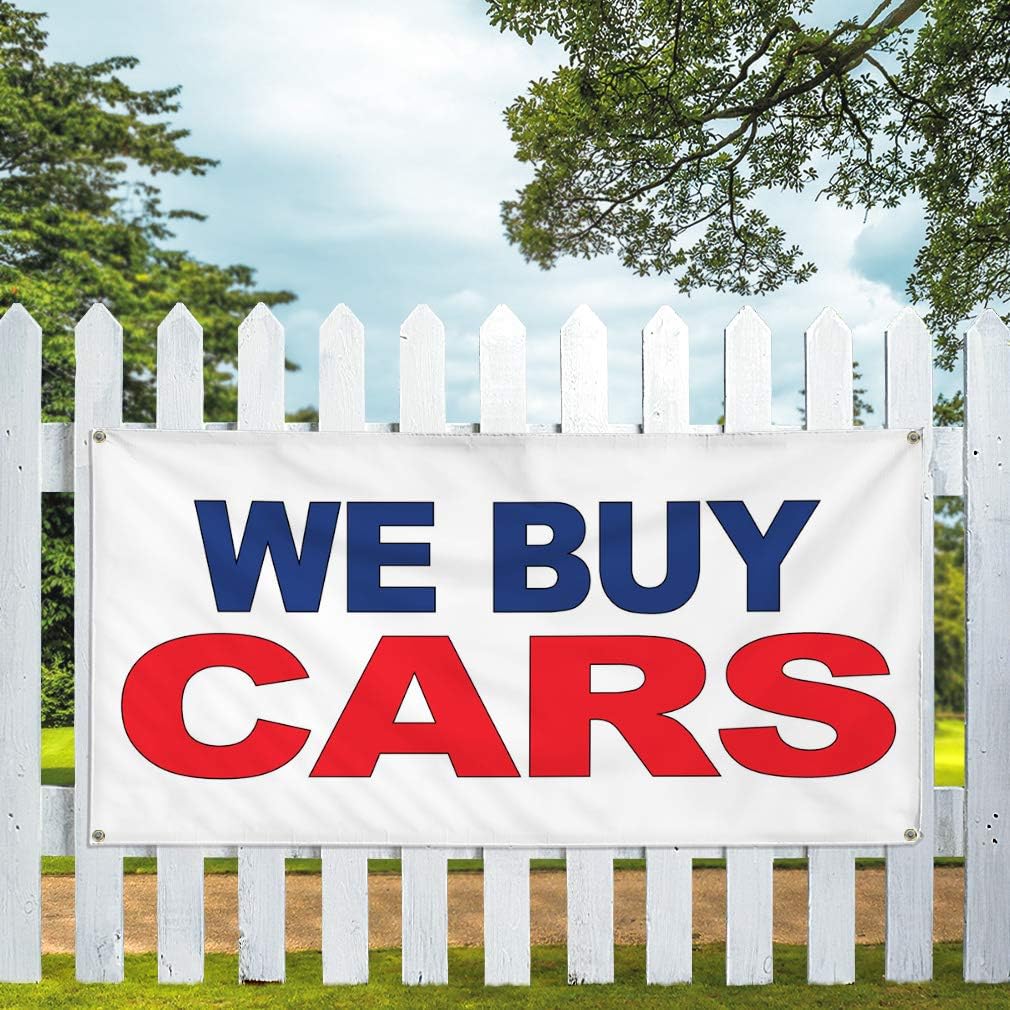 Vinyl Banner Multiple Sizes We Buy Cars Blue Red B Automotive Outdoor Weatherproof Industrial Yard Signs 4 Grommets 16x40Inches