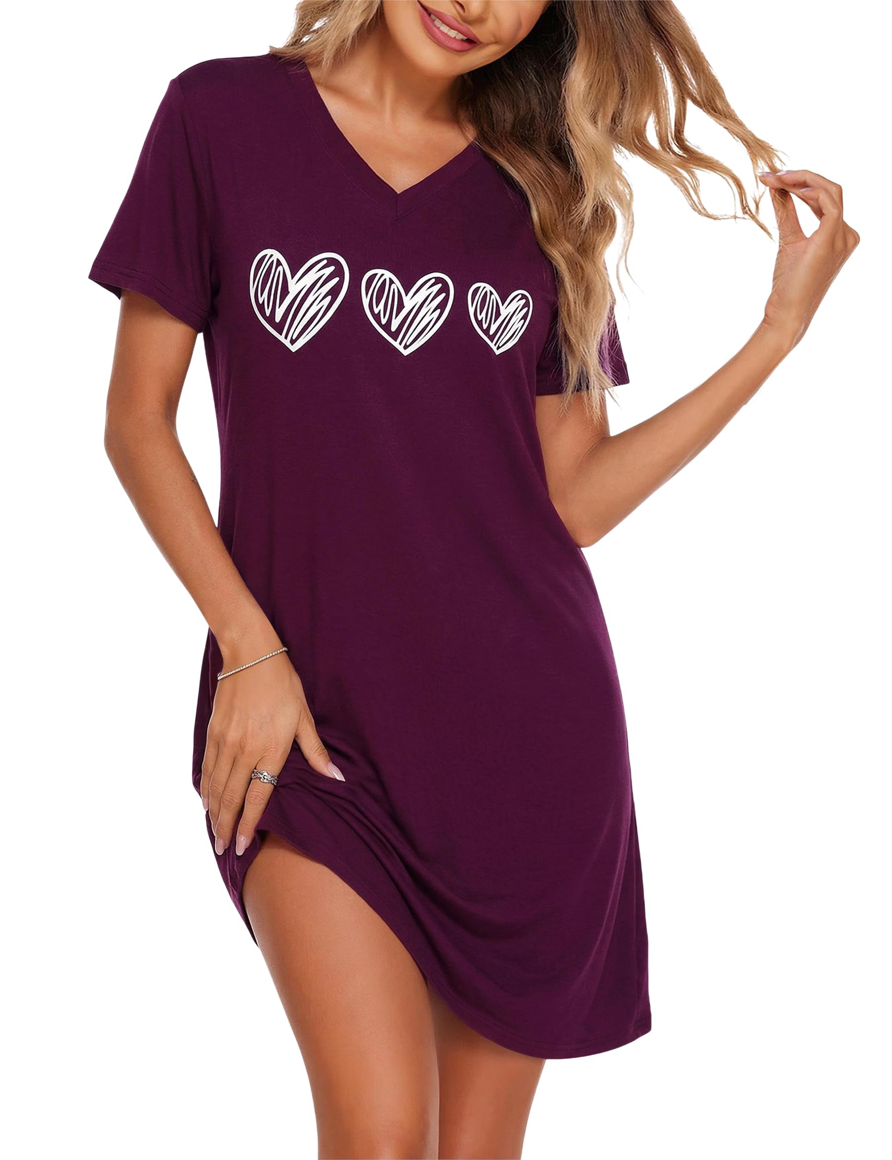 Marvmys Nachthemd Damen Kurzarm Sommer Schlafshirt Damen V Ausschnitt Bequeme Nachtwäsche S-4XL