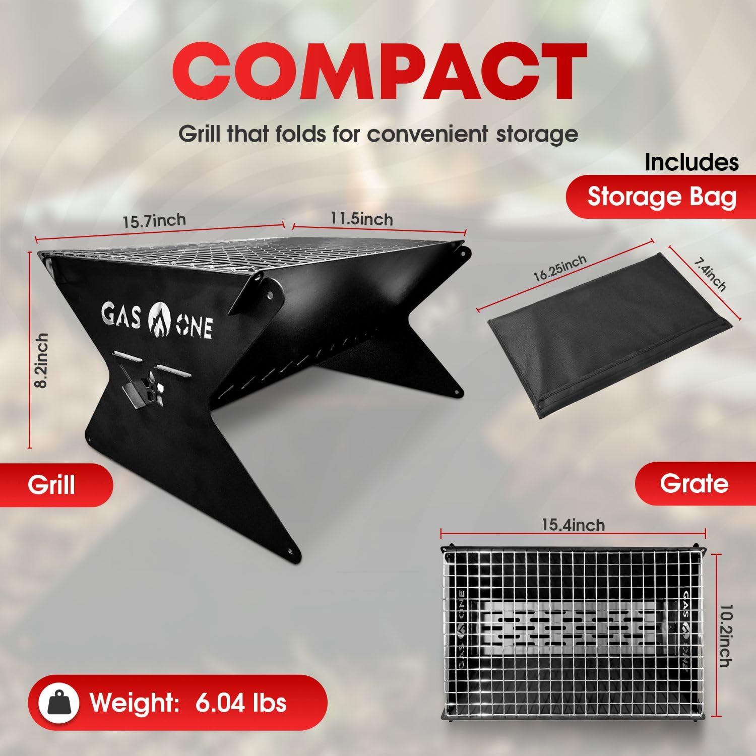 GasOne - Griglia portatile a carbonella da 38,1 cm, pieghevole, barbecue da campeggio, per cortile, falò, patio, braciere portatile resistente, attrezzatura da campeggio