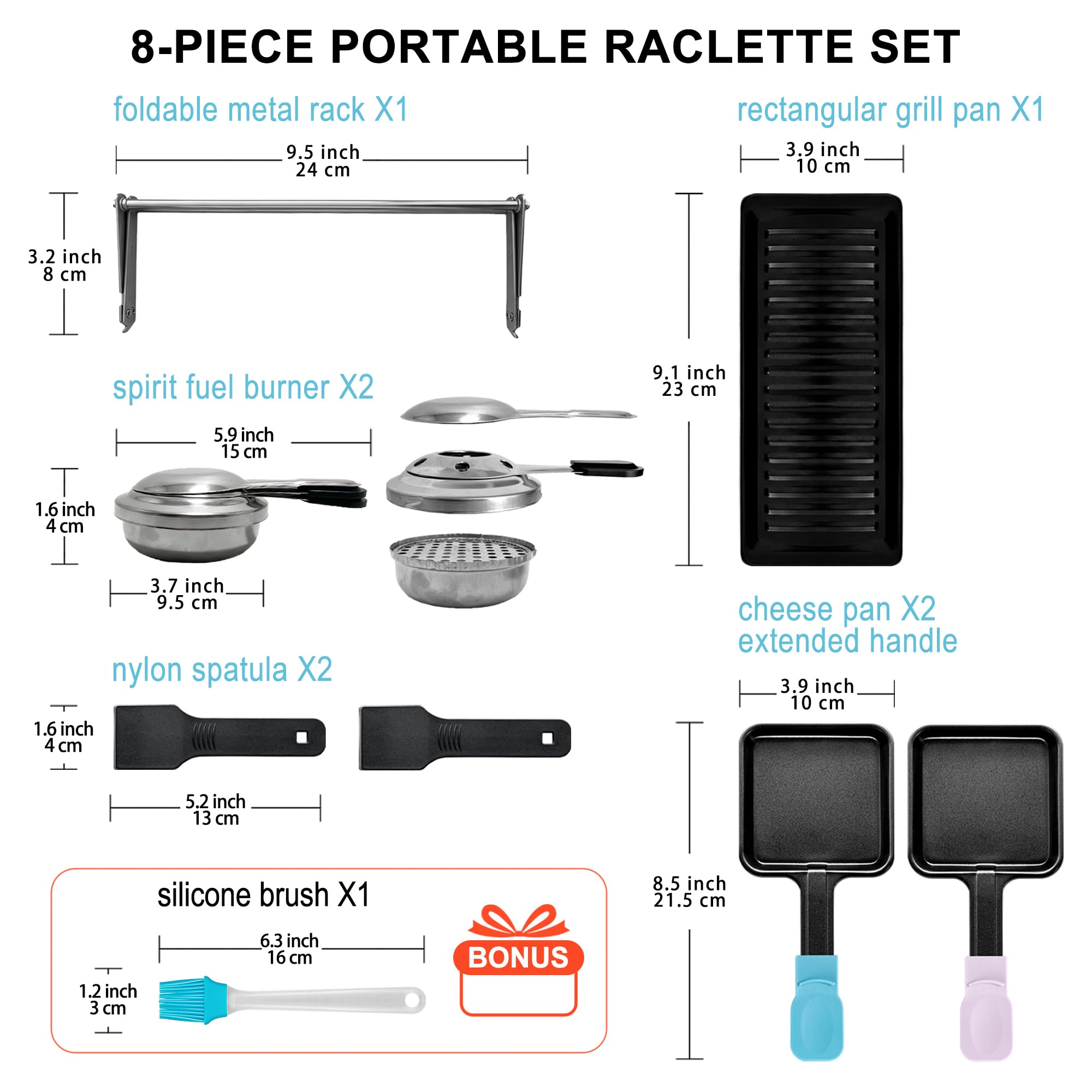 Mini Grill Raclette dla 2 Osób, Nieprzywierający Topielnik Sera z Płytą Grillową, 2 Palniki na Paliwo, 2 Szpatułki, Składany Metalowy Stojak na Camping