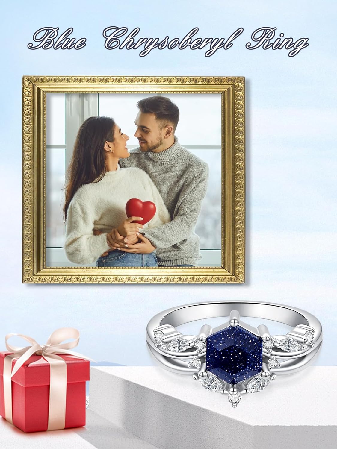 KZX Blue Sandstone Ring 925 Sterling Silver Hexagonal-cut Engagement Ring Unique Wedding Ring Jewelry Gift for Women (Ring Size 7-10)