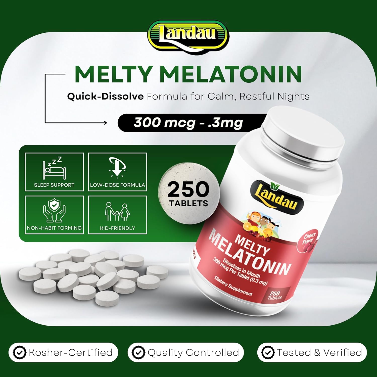LANDAU 0.3mg-300 mcg Melty Melatonin for Kids & Adults – Easy-to-Take, Fast-Dissolving, Helps You Fall Asleep Faster – Kosher, Made in The USA – 250 Tablets, Cherry Flavor