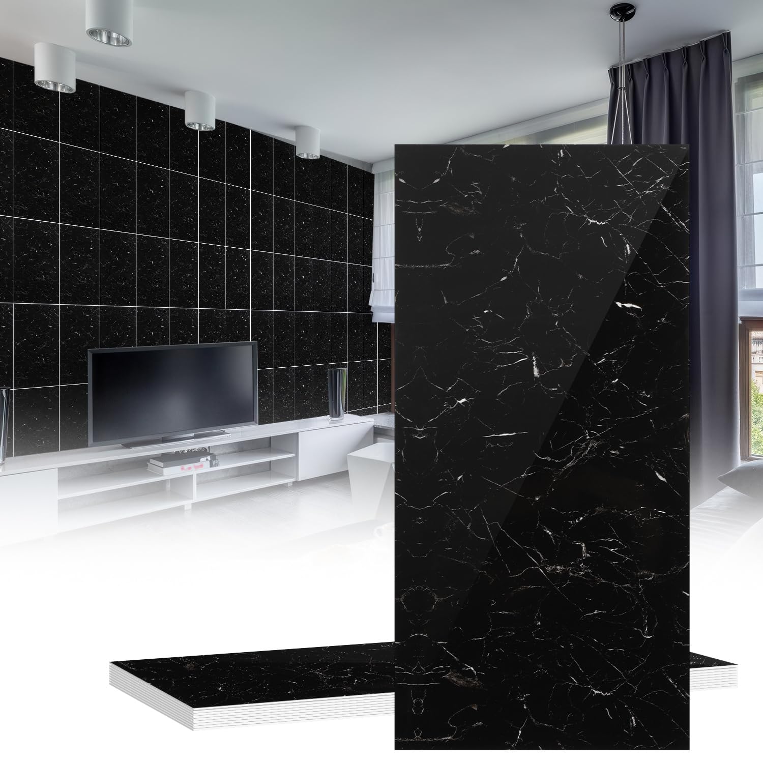 Lot de 10 panneaux muraux 3D aspect marbre - Noir - 30 x 60 cm