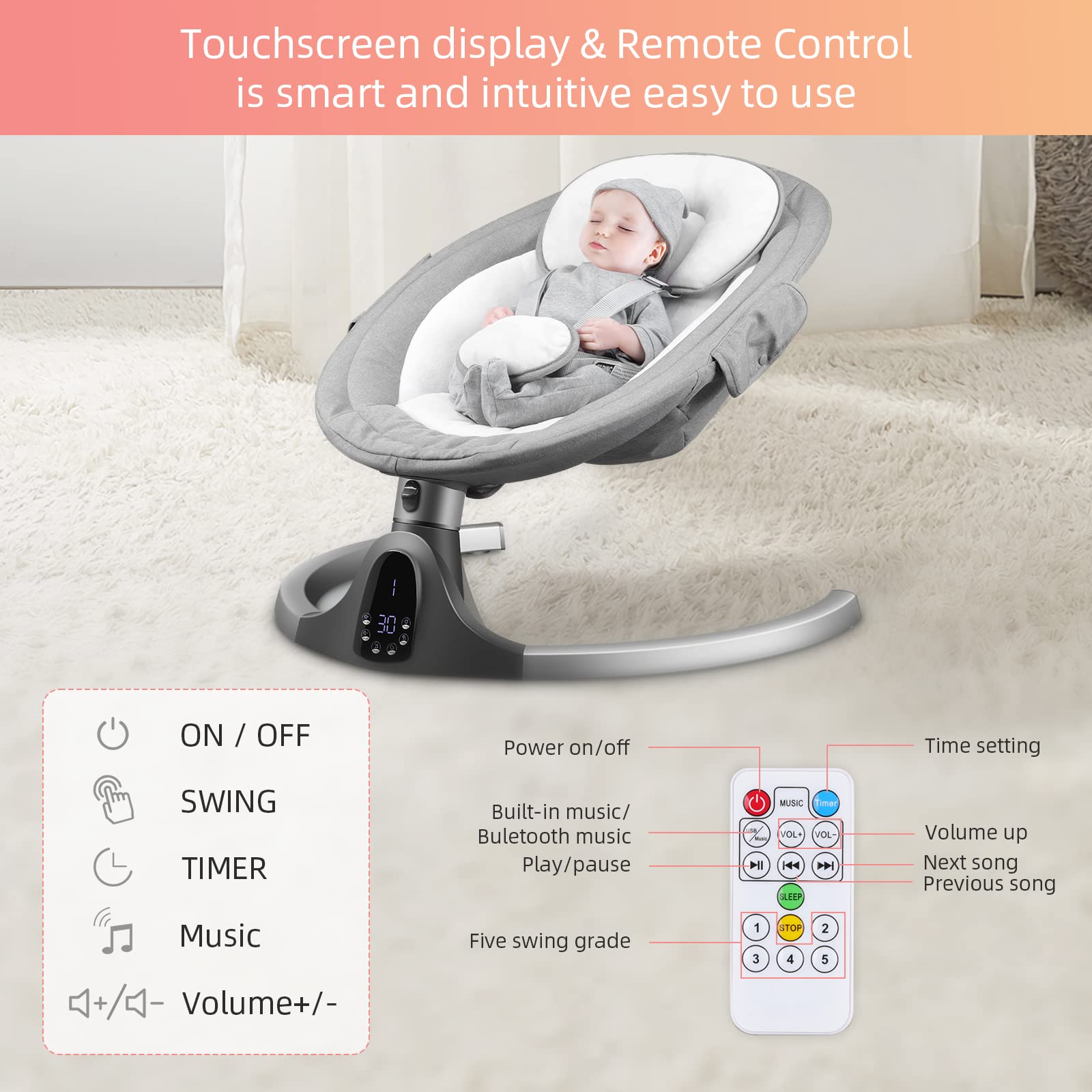 Buy Baby Swings for Infants, 5 Speed Bluetooth Baby Bouncer with 3 Seat