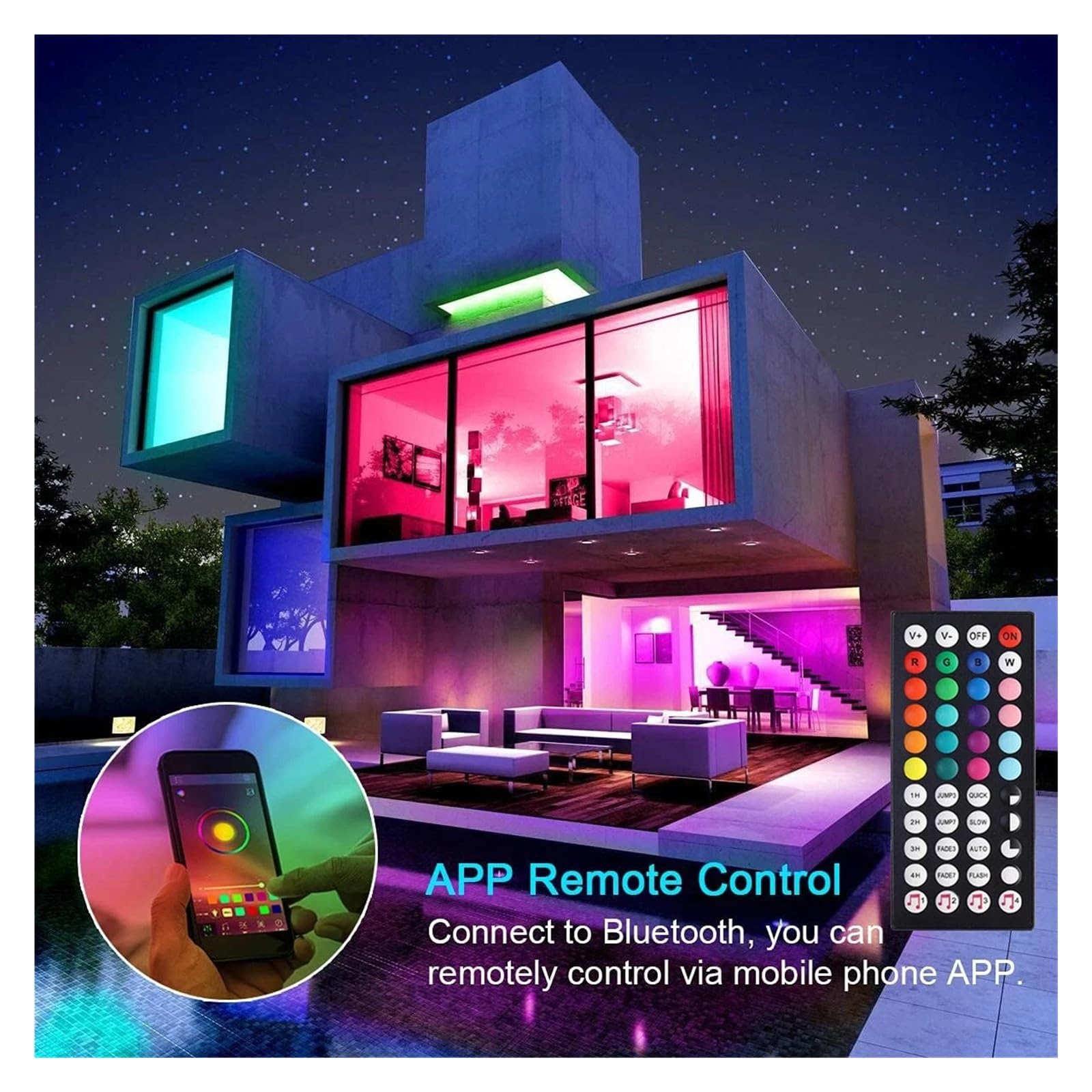 Tira de luces LED RGB USB de 3,28 pies-100 pies, aplicación y Control remoto de 44 teclas, lámpara de cinta LED 3535, retroiluminación de TV for sala de juegos, decoración del hogar(BLUETOOTH 44K_30M)
