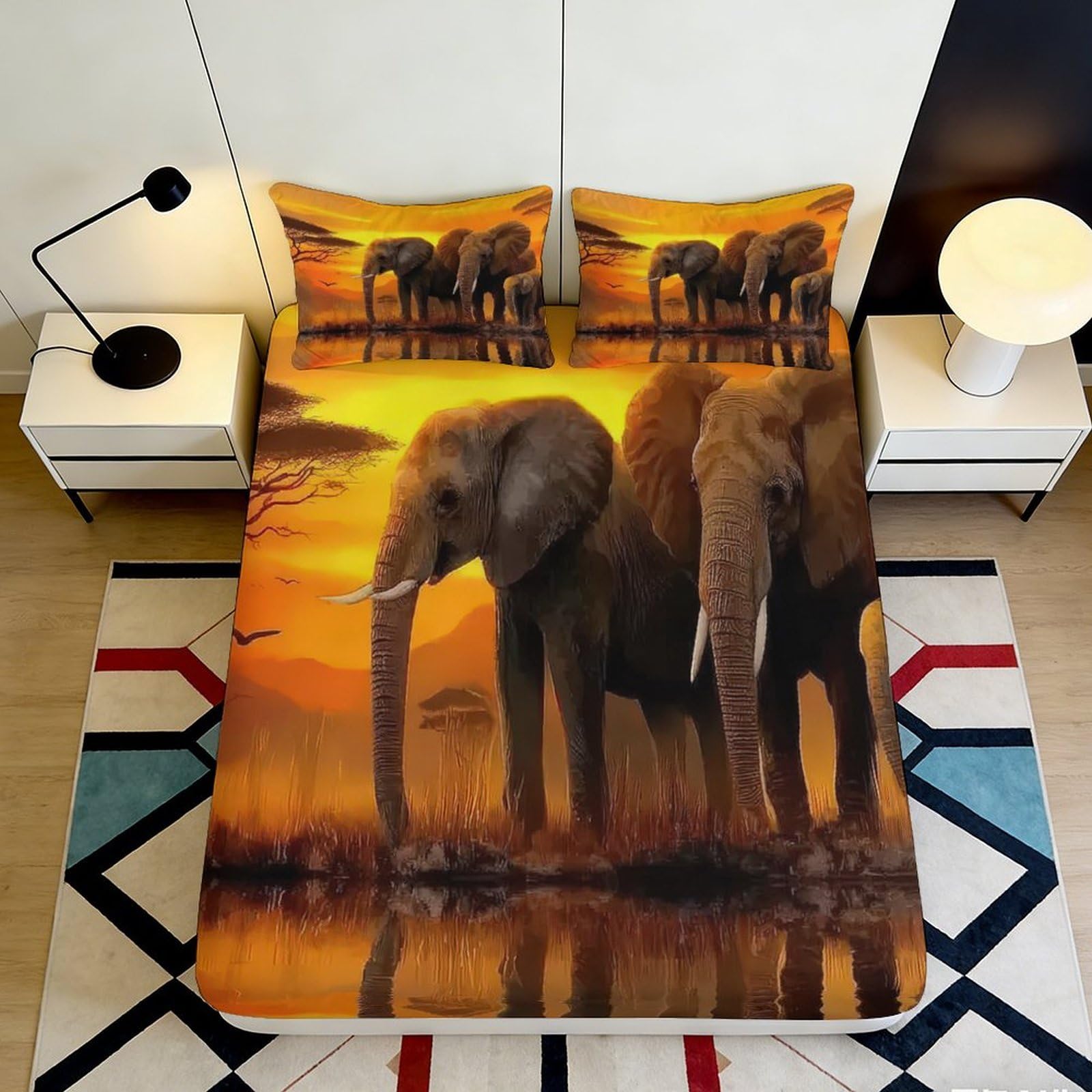3D Printed Elephant Sunset Fitted Sheet Microfiber Soft Breathable African Wildlife Bed Cover for Bedroom Dormitory Guest Room Mattress Protection Decor 120x200x25cm