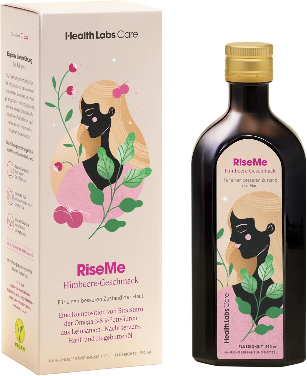 HEALTH LABS CARE Vegan Omega-3-6-9 Oil Liquid High Dose - With Vitamin A D and E - 250 ml - Raspberry Flavour - Premium Quality