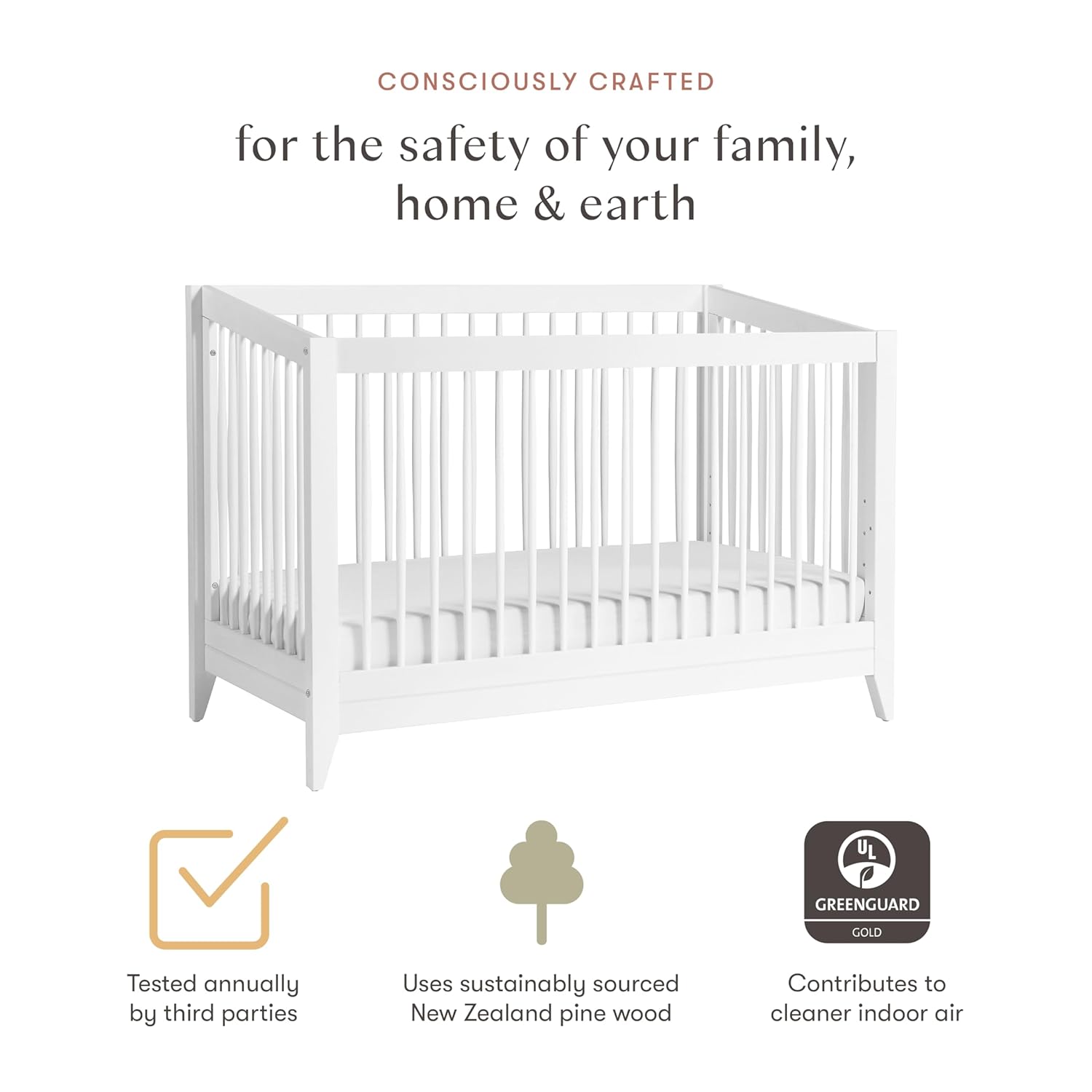 Babyletto Sprout 4-in-1 Wooden Baby Crib Convertible to Toddler Bed, Daybed & Full Size Bed - GREENGUARD Gold Certified - Includes Toddler Conversion Kit - Made of 100% Solid Wood - White