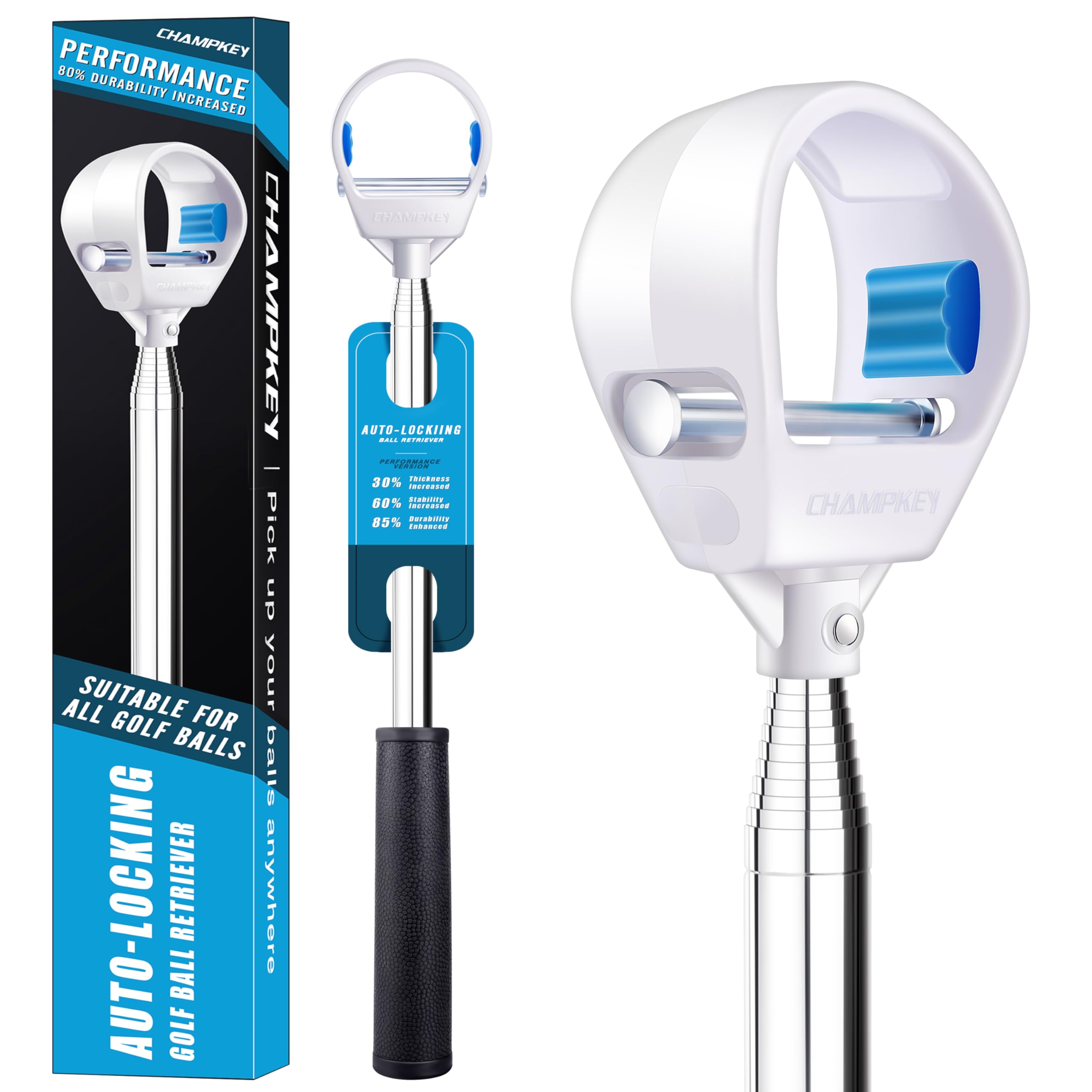 CHAMPKEY Pro Auto-Lock Golf Ball Retriever - Reinforced Telescopic Shaft with Quick-Lock System | Heavy-Duty Golf Ball Collector | Premium Stability & Durability for All-Weather Use (14.5FT)