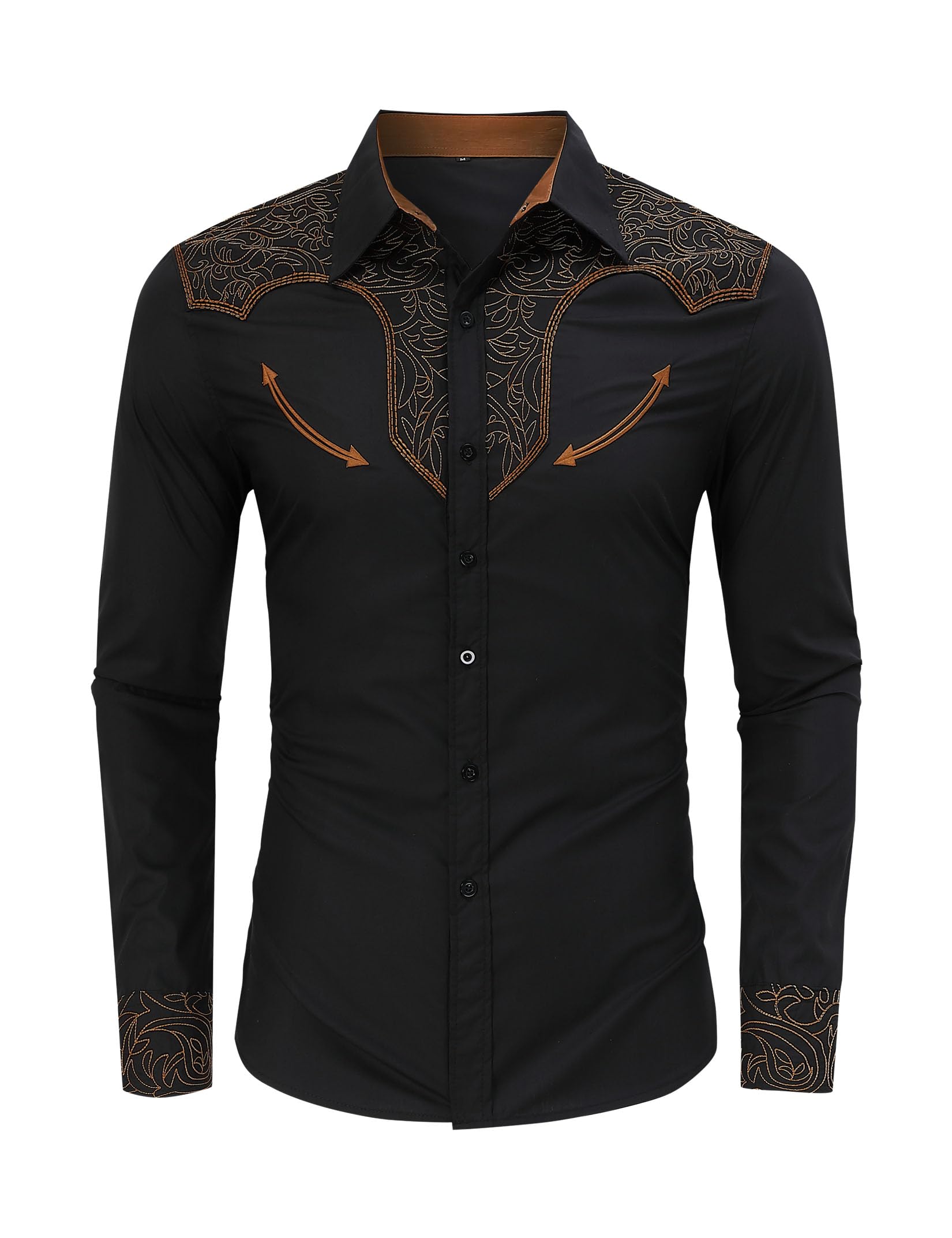TURETRENDY Camisa vaquera occidental para hombre, bordada, manga larga, ajustada, casual, con botones, estilo hippie