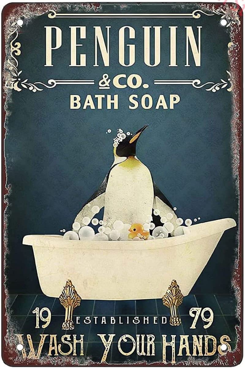 peiyeety Metal Tin Sign Vintage Penguin Bath Art, Whimsical Animal Themed Bathroom Accent, Durable Retro Plaque for Bath, Bedroom, Living Room,12x16 Inch