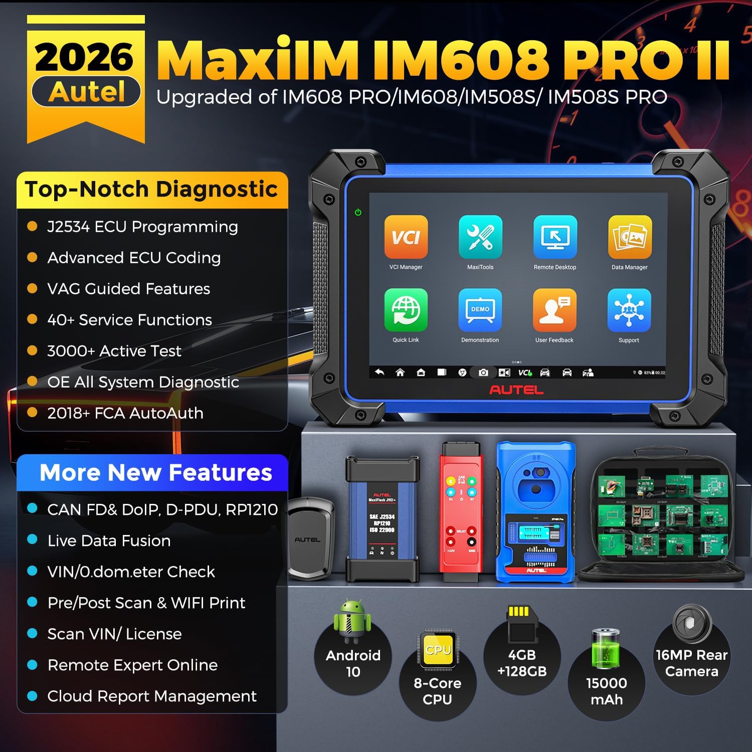 Autel Scanner MaxiIM IM608 PRO II, 2026 IM608 PRO 2 Diagnostic Scan Tool with $1314 Full KIT, 40 Services, ECU as Elite II Pro, 3K+ Bidirectional Tool, OE Full System, DOIP CANFD, OS10, 4G&128G, 16MP