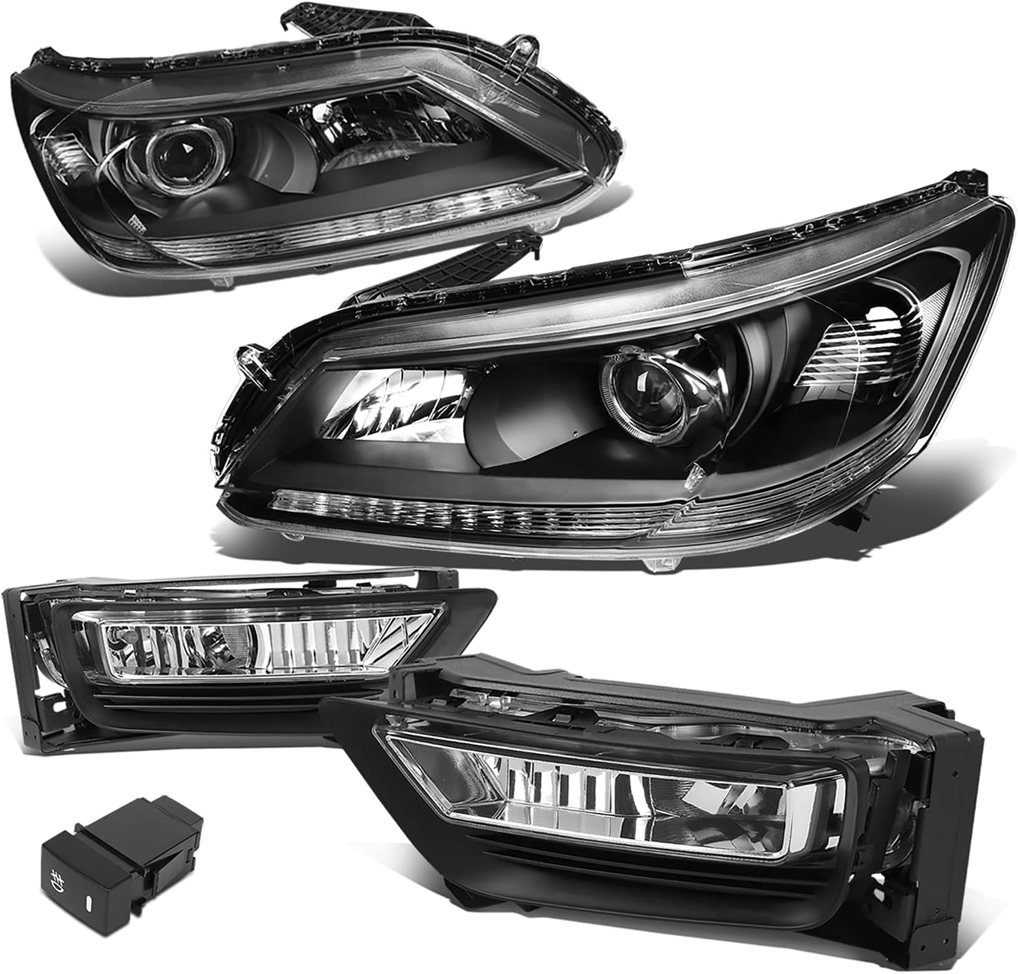 Auto Dynasty Factory Style Projector Headlights and Driving Fog Lamps Set Compatible with Honda Accord 4-Door Sedan 13-15, Driver and Passenger Side, Black Housing Clear Corner