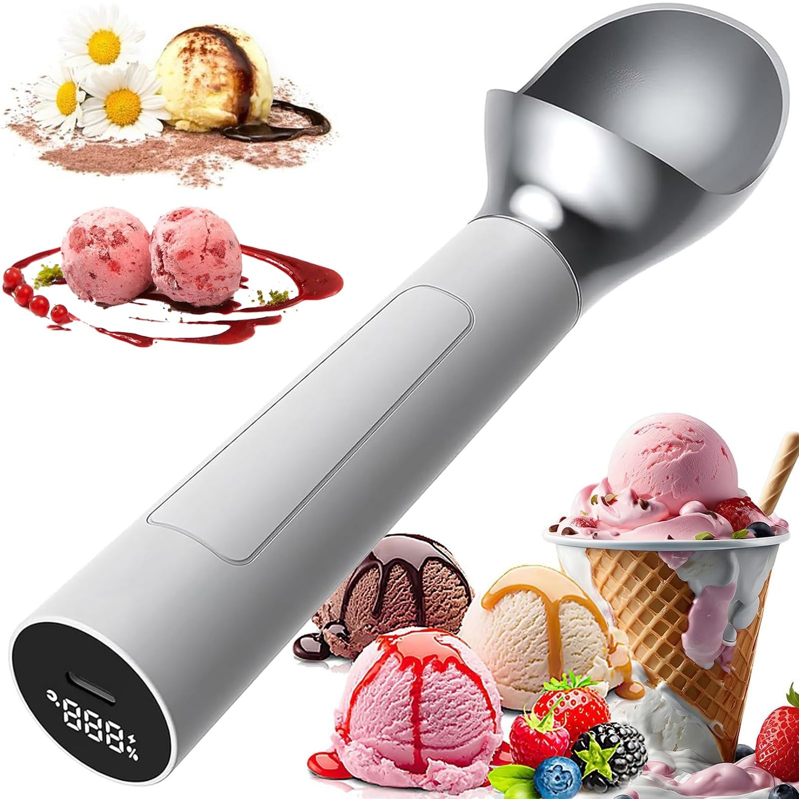 Cuillère à glace électrique, cuillère à glace chauffante automatique, cuillère à glace chauffante thermostatique rechargeable de 2 oz avec affichage intelligent, étanchéité IP67, p