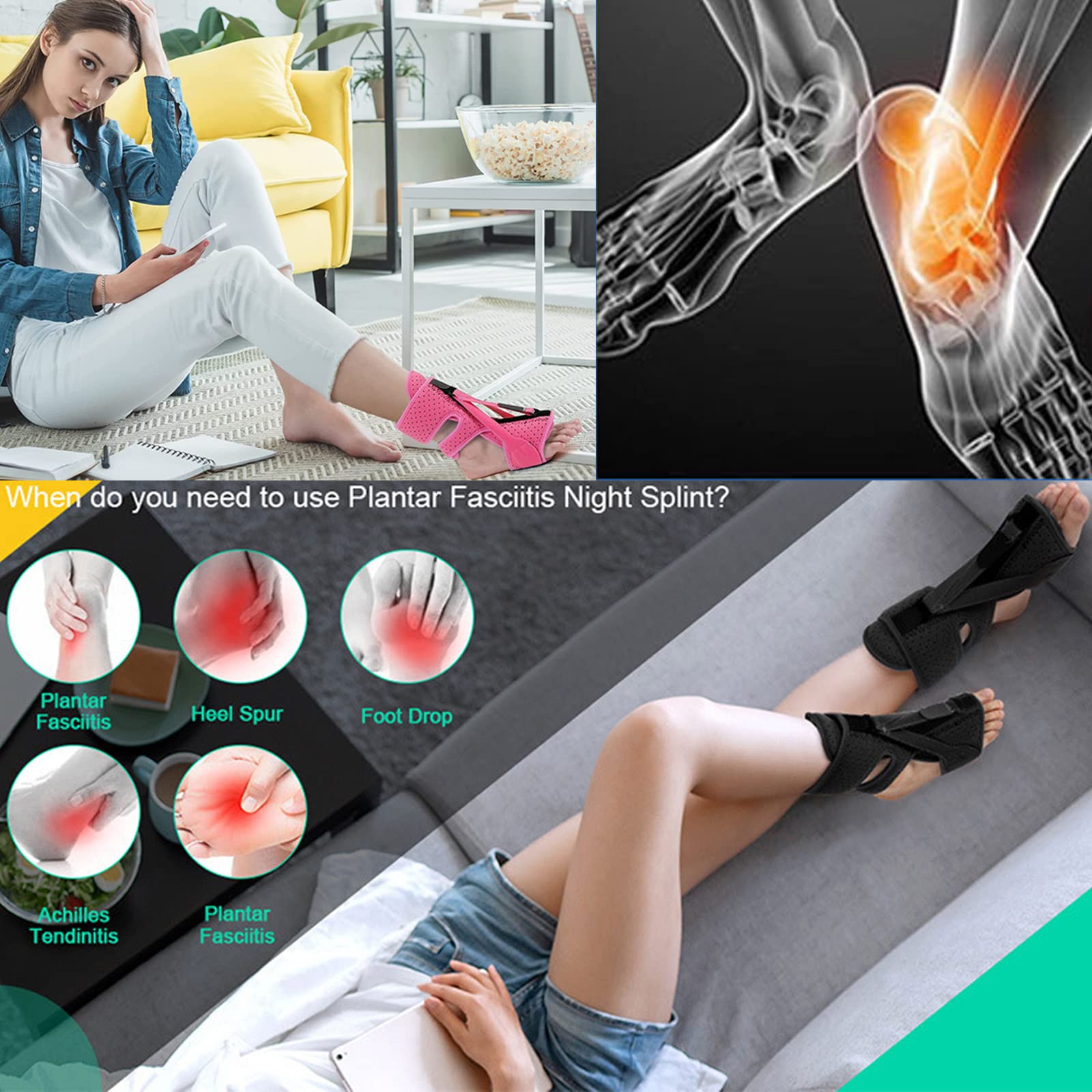 Attelle de Nuit Plantar Fasciitis, Nouveau Avec 3 Attelles Ajustables Pour Fasciite Plantaire,Support de Fasciite Plantaire Respirant pour Pieds Plats, Talons, Cheville (Rose)