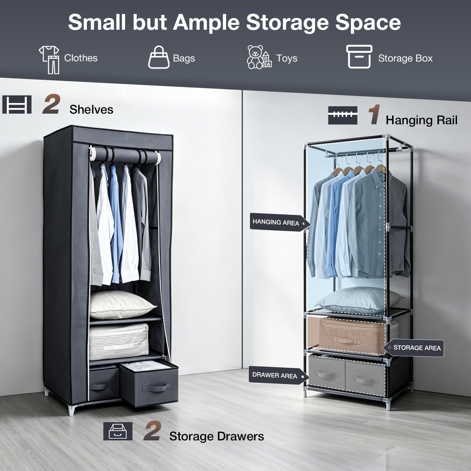 Hododou Armario portátil individual de lona, organizador de almacenamiento de ropa con 2 cajones y barra para colgar, armario plegable para ropa, bolsos, juguetes, zapatos, sala de estar, dormitorio,