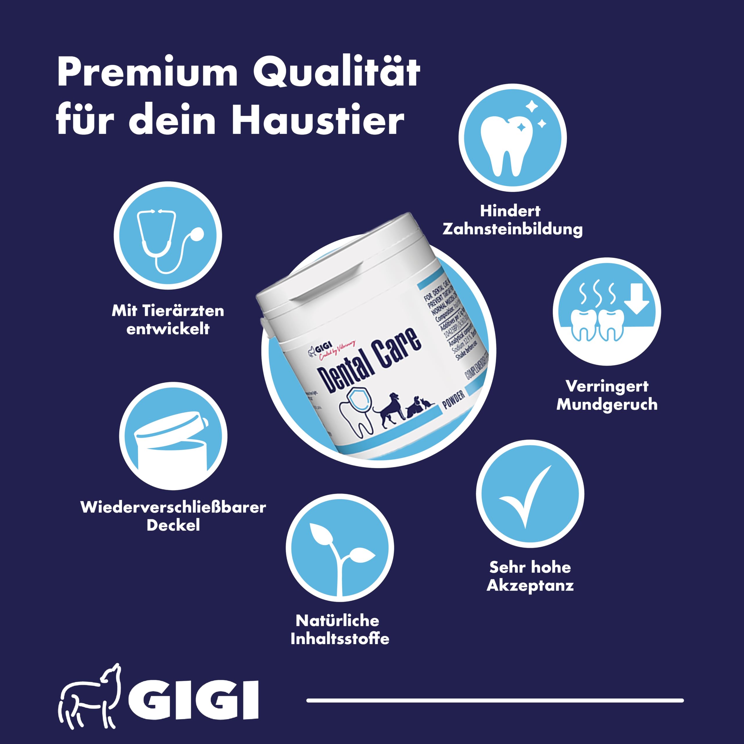 Zahnpflege Pulver für Hunde & Katzen gegen Zahnstein & Zahnbelag | Wasserzusatz für frischen Atem, Mundflora & tägliche Zahnpflege - Dental Care 105 g