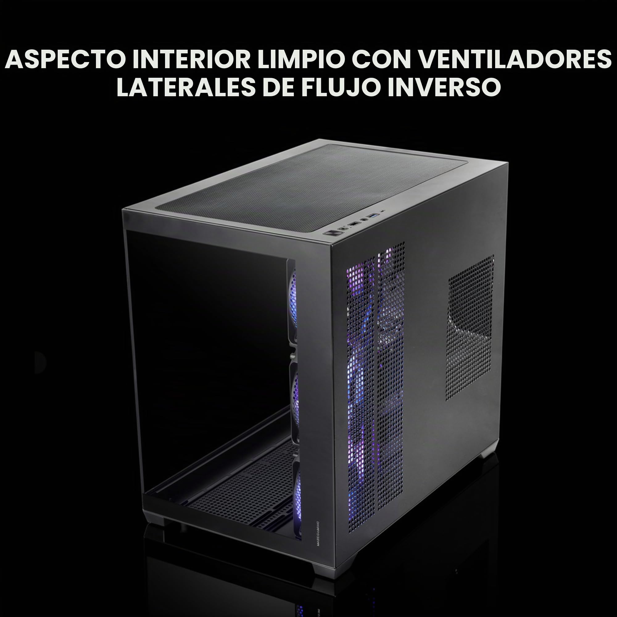 Mars Gaming MCV5, Caja PC ATX, Cristal Templado Panorámico, 4X Ventiladores ARGB 120mm, 7 Slots PCI Horizontales + 2 Slots PCI Verticales, Compatible con Placas Base de Conector Inverso, USB-C, Negro