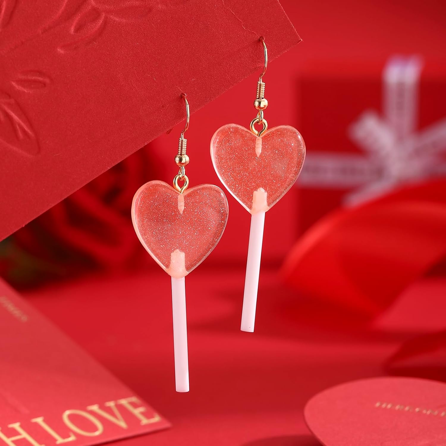 Pink Heart Lollipop Dangle Hook Earrings for Women, Hypoallergenic Lightweight Acrylic Sweetheart Drop Earrings, Minimalist Everyday Jewelry, Gift for Valentines Day Christmas Mothers Day - Image 3