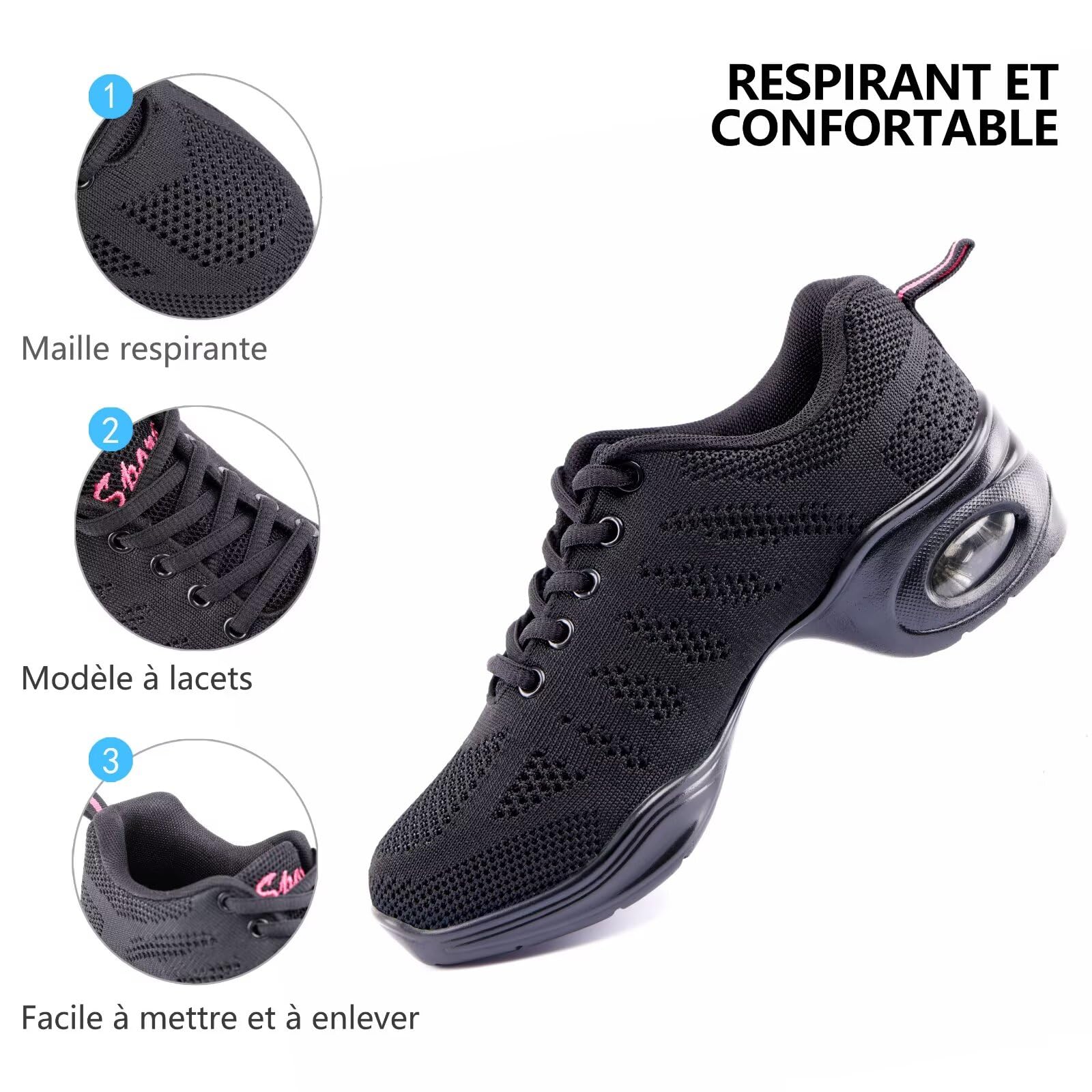 Chaussure de Danse Femme Noir Sneakers de Jazz Sports Cheerleading Line Dance avec Coussin d'air