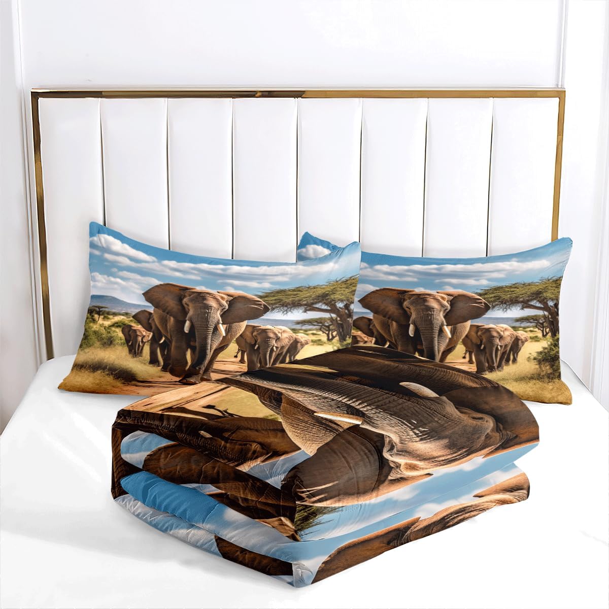 Elephant Comforter Set African Wild Animal Elephant Population Wild Natural Scenery Print Bedding Quilt Set for Kids Boys Girls Teens Living Room Decorative,King