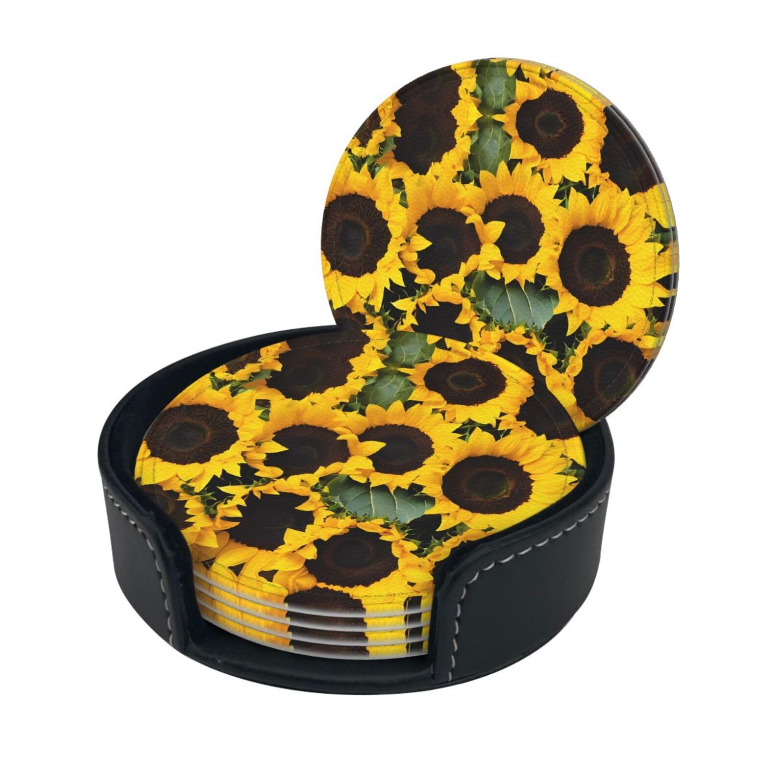Sunflowers Print Coaster,Round Leather Coasters with Storage Box for Wine Mugs,Cold Drinks and Cups Tabletop Protection (6 Piece)