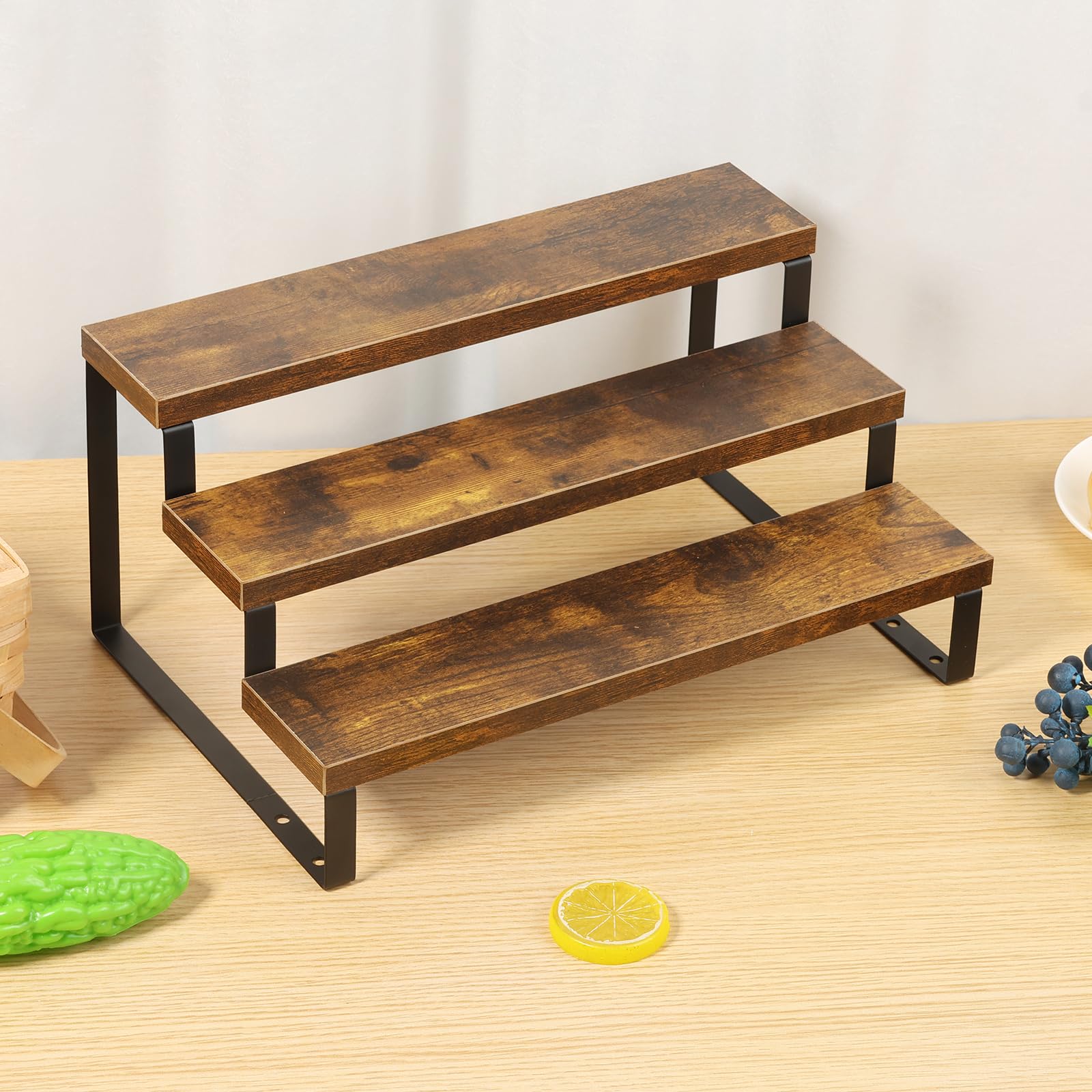 Ghshanog 3-Tier 3 Tier Wooden Display Stand,Retail Display Riser,Tiered Perfume Organizer Stand,Rustic Spice Rack Cupcake Riser,Multifunction Shelf For Cosmetics, Craft,Figure,Jewelry,Collections(3-Tier)