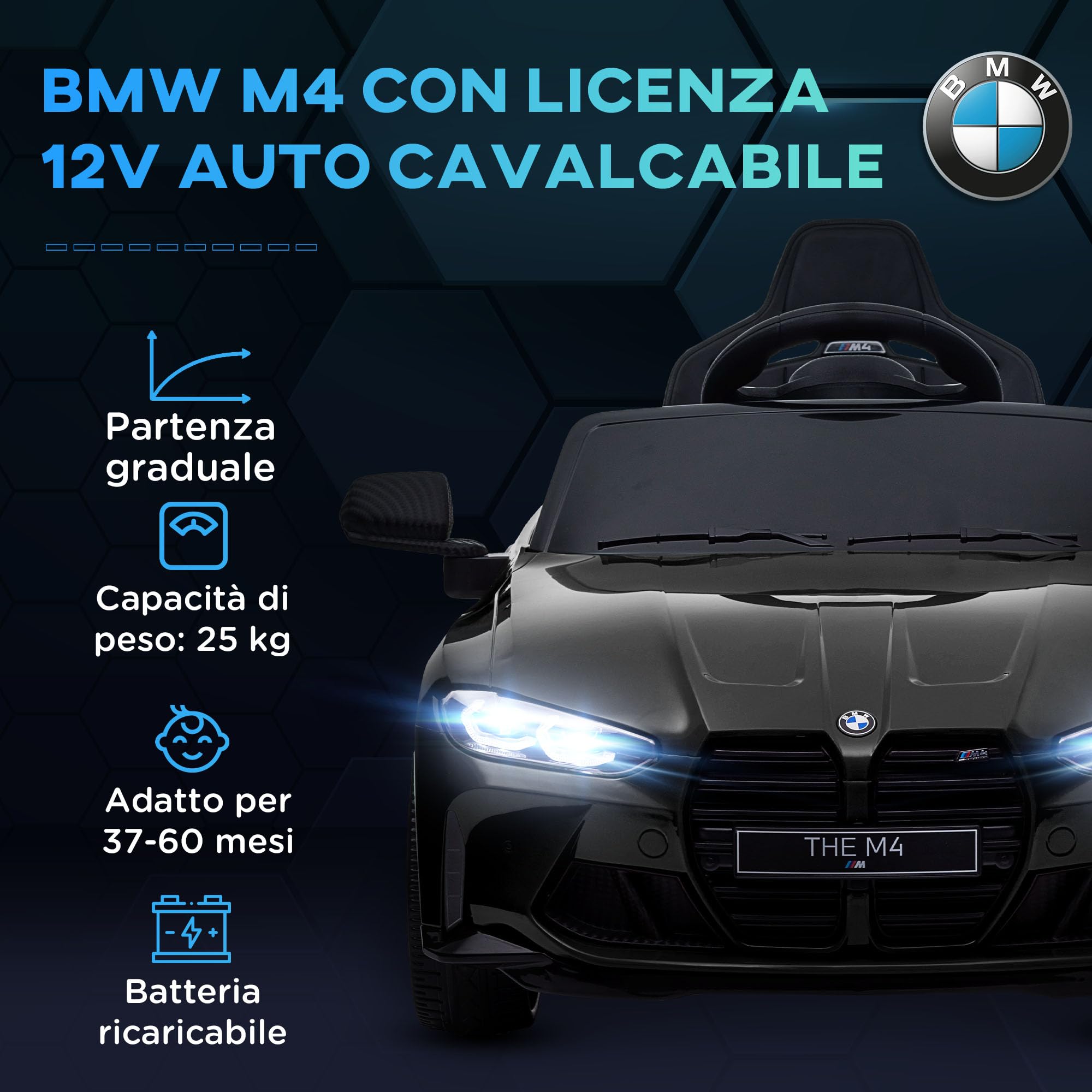 AIYAPLAY Macchina Elettrica per Bambini 12V Licenza BMW M4, 2 Motori Nera | Auto Elettrica per Bambini, Sospensione, Telecomando 2.4G, Clacson e Fari, 3-5km/h, Portata Max 30kg