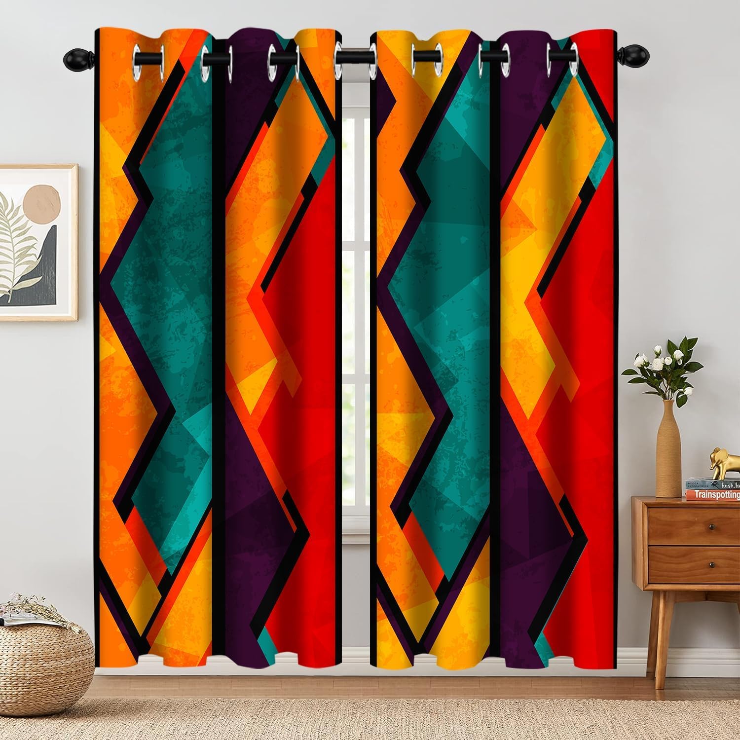 Colorful Abstract Blackout Window Curtains, Geometric Red Orange Cyan Pattern Aesthetic Art Living Room Bedroom Decor Thermal Curtain Darkening Grommet Window Drapes Treatments, 2 Panels 52x84 Inch