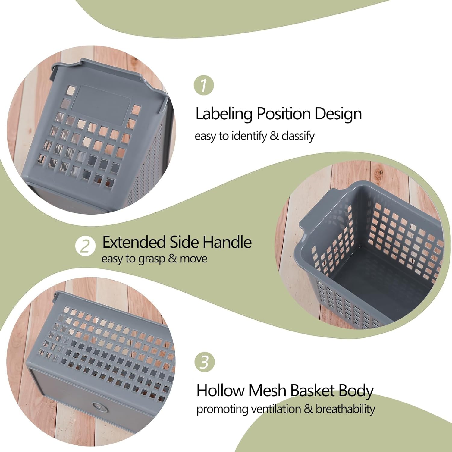 Ggbin Grey Plastic Stacking Storage Basket, Slim Pantry Basket Bins, 3 Packs