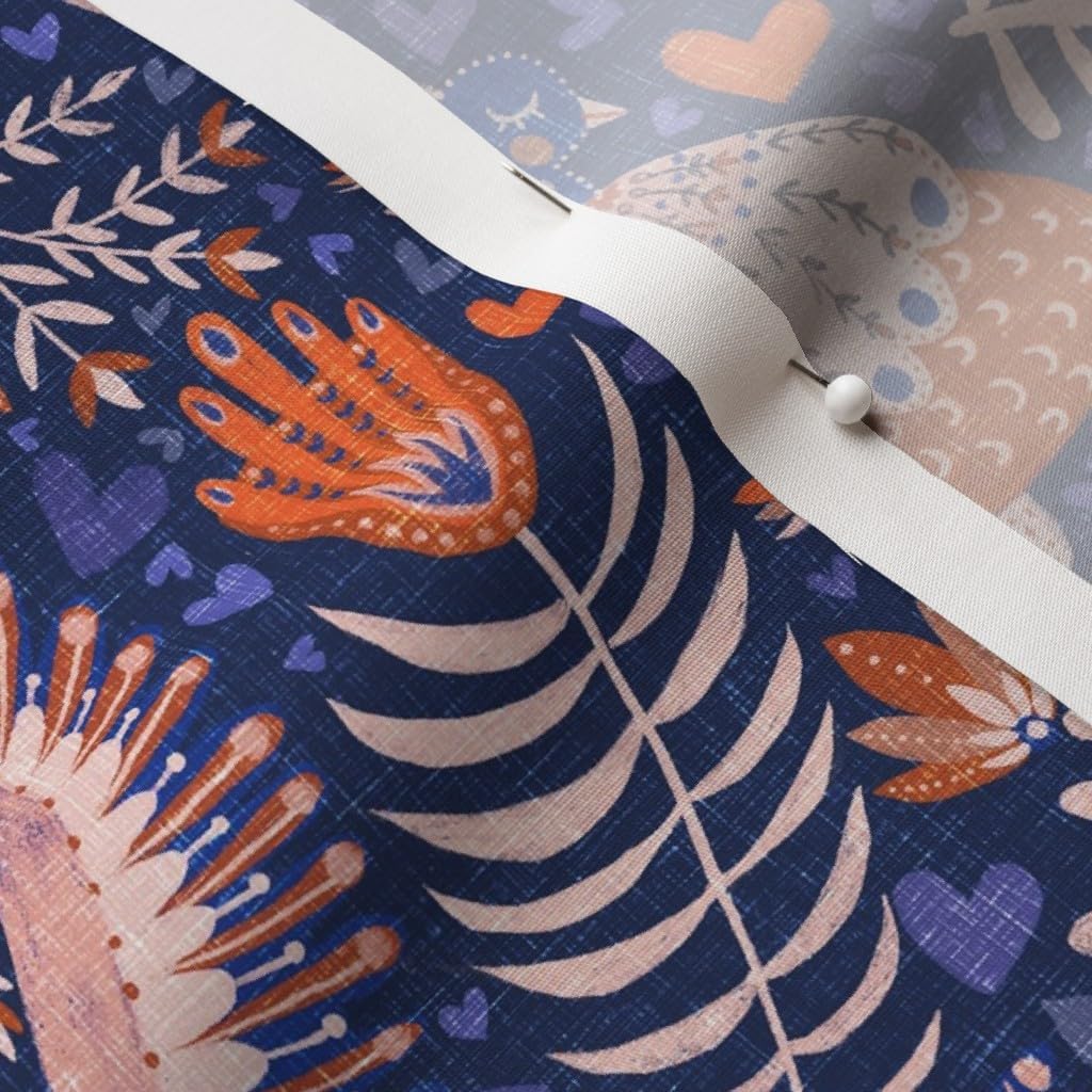 Spoonflower Fabric - Swedish Folk Art Birds Scandinavian Flowers Pattern Coral Blue Printed on Cotton Poplin Fabric by The Yard - Sewing Shirting Quilting Dresses Apparel Crafts
