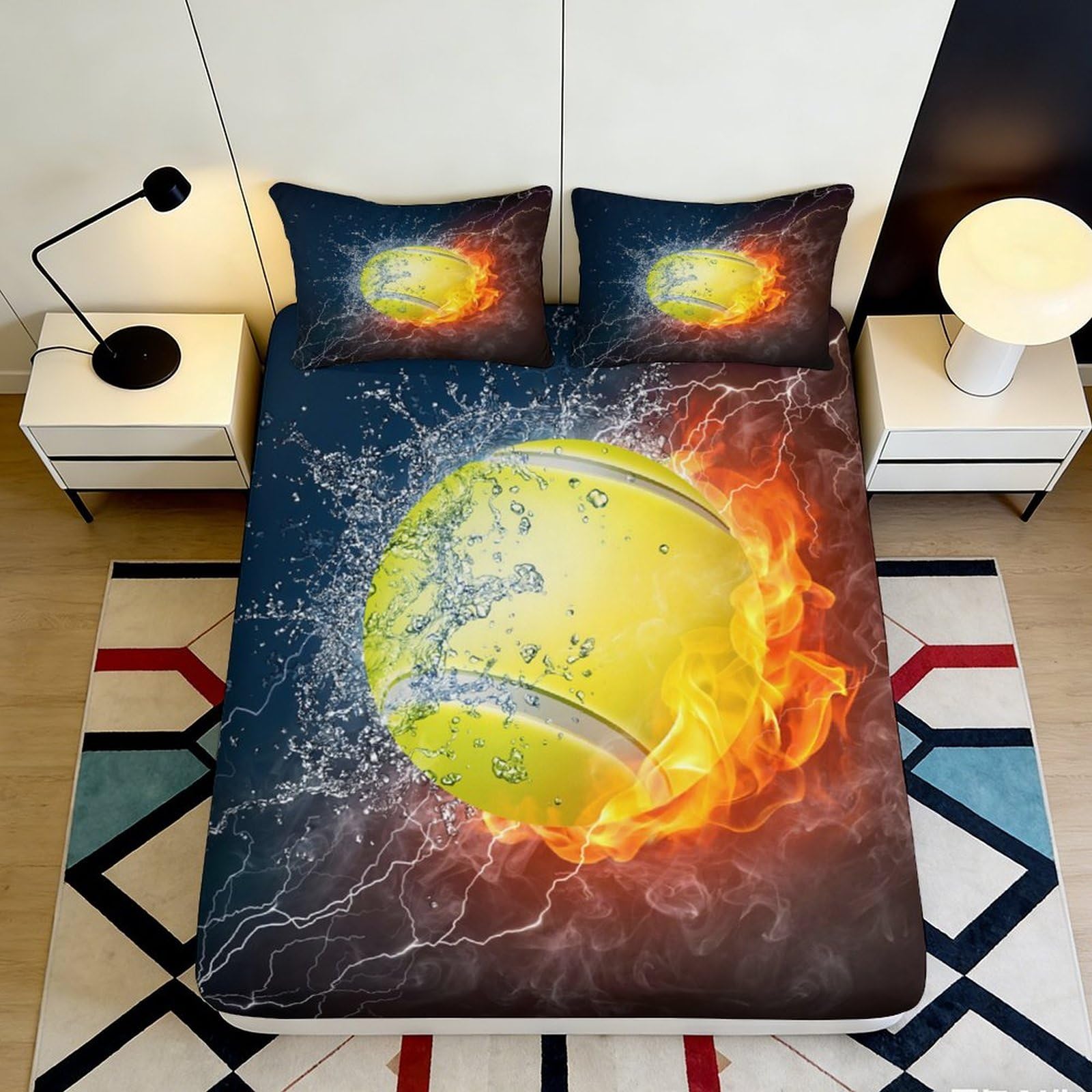 Jqzkxnhpbr Style-9 3D Printed Fire Water Tennis Ball Fitted Sheet Microfiber Soft Anti-Slip Decor Mattress Cover For Bedroom Guestroom 90X200x25cm