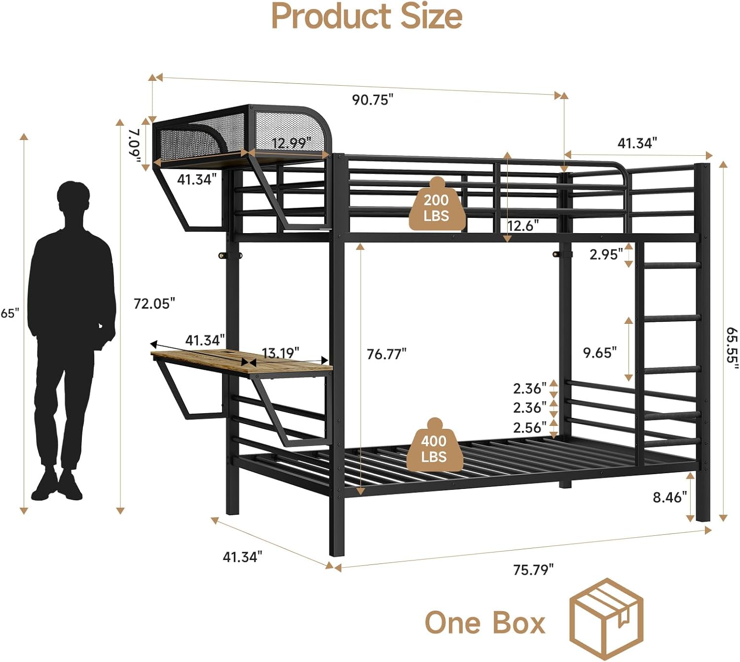 Bunk Bed Twin Over Twin, Metal Bunk Beds with Power Outlets & Desk, Heavy-Duty Bunkbeds Frame with Safety Guardrail & Ladders, Upper Bed with Storage Rack, No Box Spring Needed, for Juniors, Black