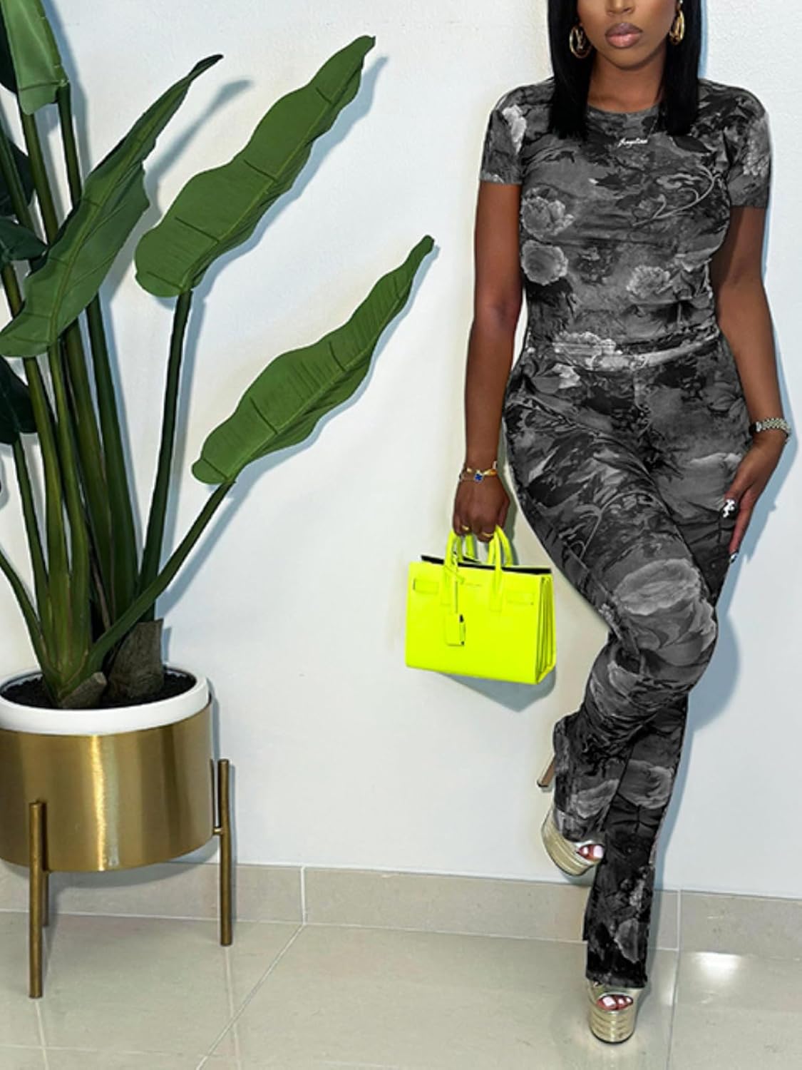 Two Piece Set Jumpsuit for Women Sexy Short Sleeve Floral Printed Mesh Bodycon Flared Pants Matching Set Club Outfits - Image 2