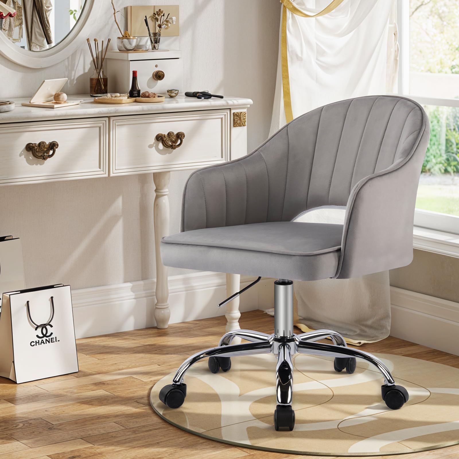 MOJAY Modern Vanity Chair with Wheels, Mid-Back Cutout Velvet Home Office Chair, Swivel Height-Adjustable Soft Seat Cute Desk Chair with Arm Support (