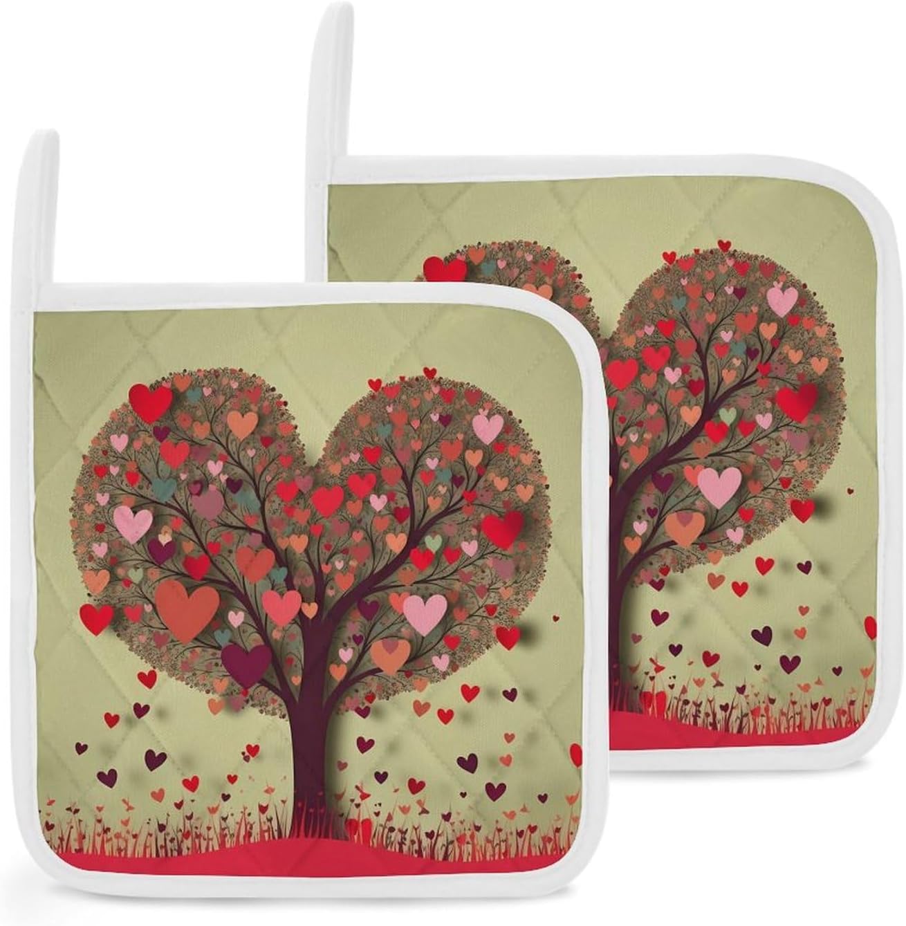 Pot Holder Set of 2 Heart Tree Printed Potholders for Kitchens Heat Resistant & Non Slip Potholders for Kitchen Cooking Baking BBQ