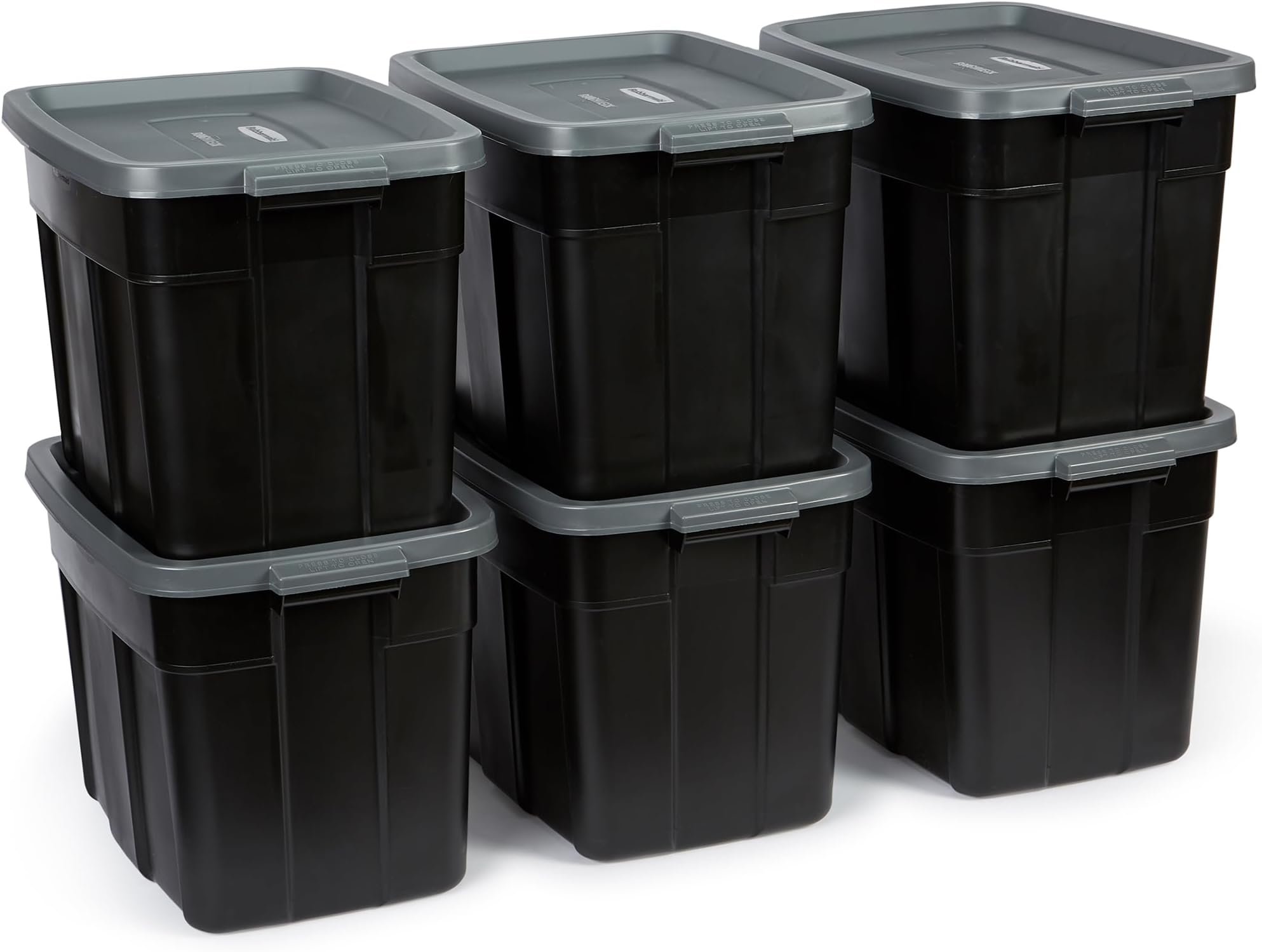 - Rubbermaid 18 GAL 6 Pack Garage Storage Bins with Stackable Lid, Heavy Duty - Made in USA - Extreme Temperature Resistant, Durable Plastic Containers with Handles - Solid Black and Grey