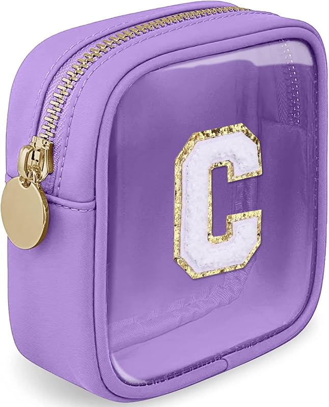 Necessaire de maquiagem transparente LOFOWN com zíper, roxa, letra C