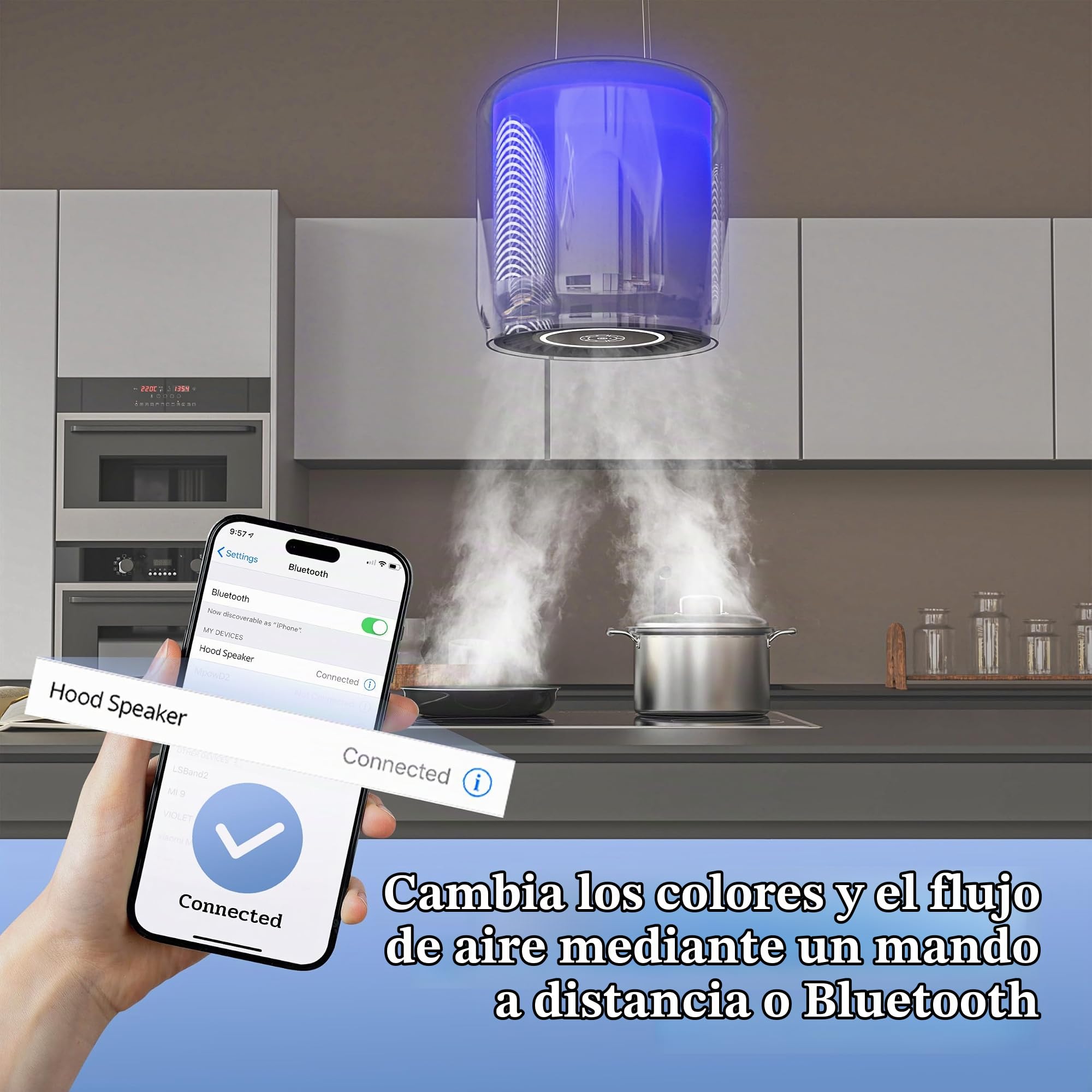 FIREGAS Campana Extractora de Techo para Isla de Cocina, Diseño en Cristal Templado y Acero Inoxidable, 7 Luces LED RGB, Altavoz Bluetooth, 9 Velocidades, 360m³/h, Táctil y Mando a Distancia