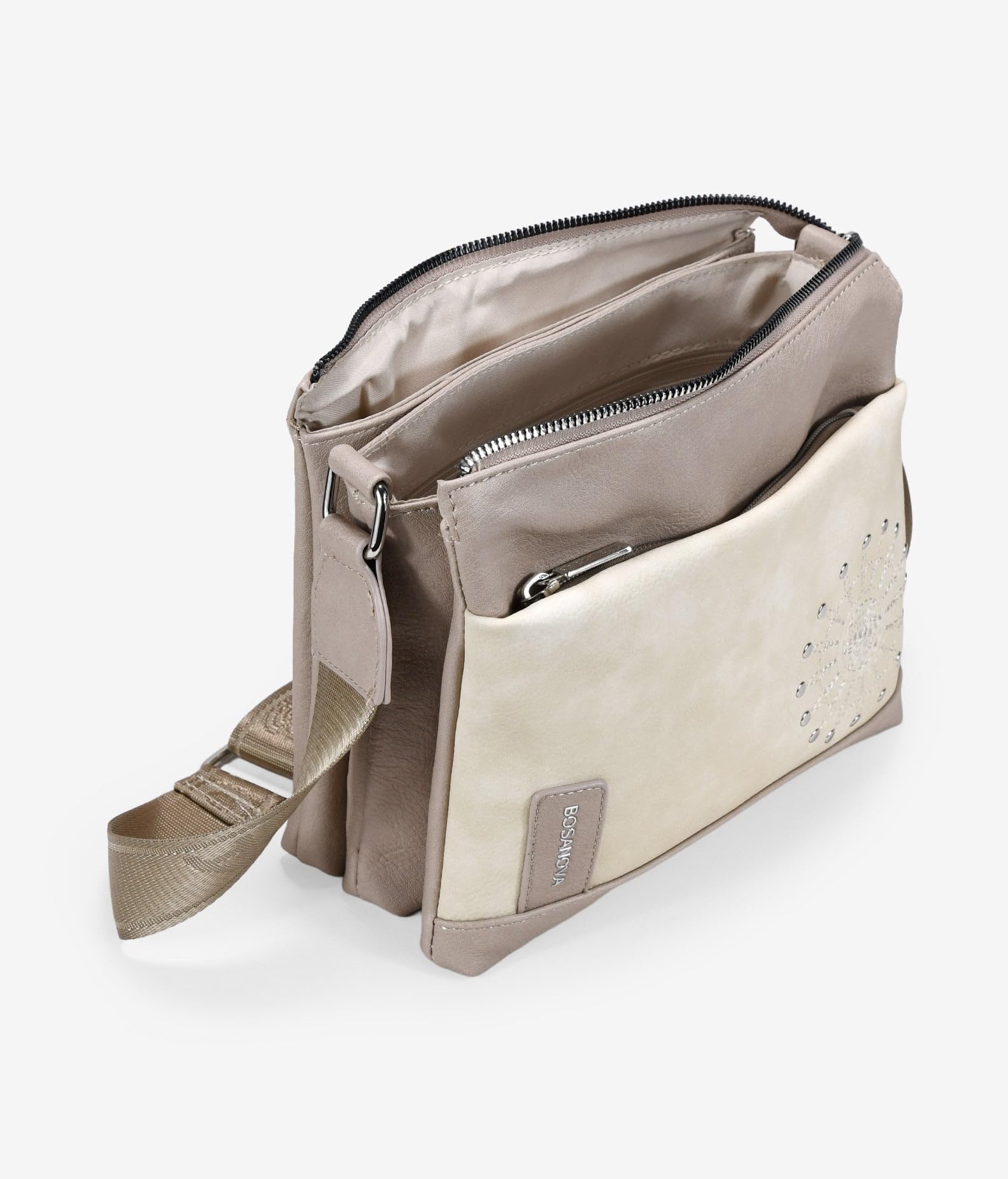 BOSANOVA Bolso Bandolera pequeño para Mujer con Bordado Decorativo con tachas y asa de Cruzar Regulable. Tres Compartimentos y Cierre con Cremallera. Beige U